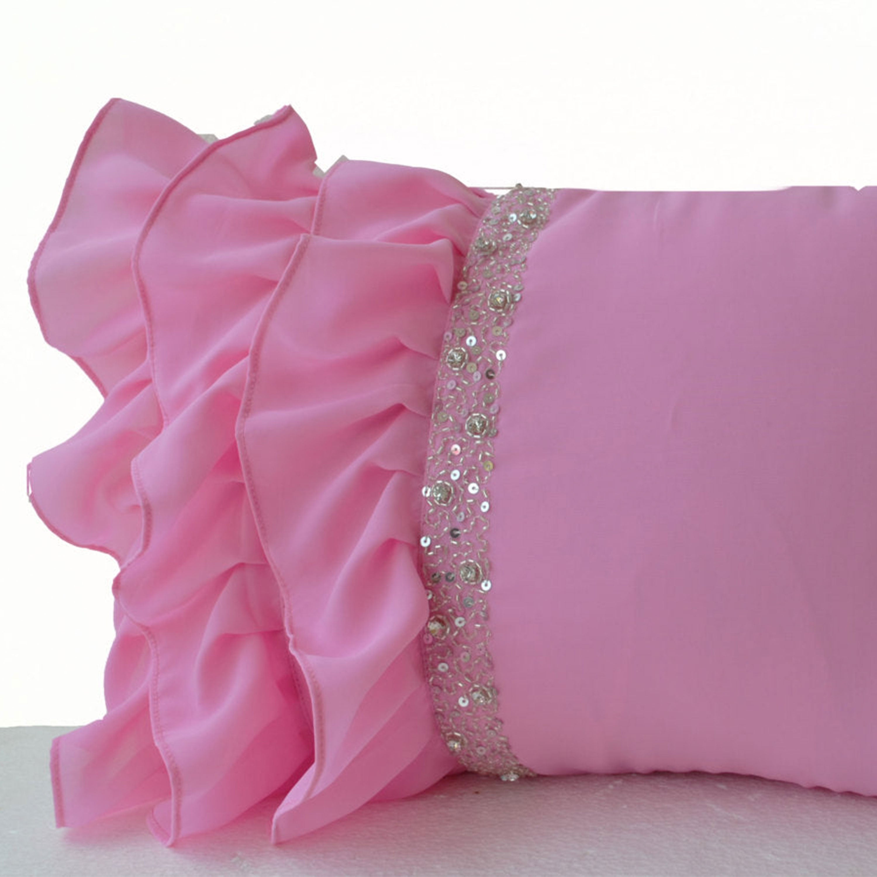 Pink sequin ruffled throw pillows