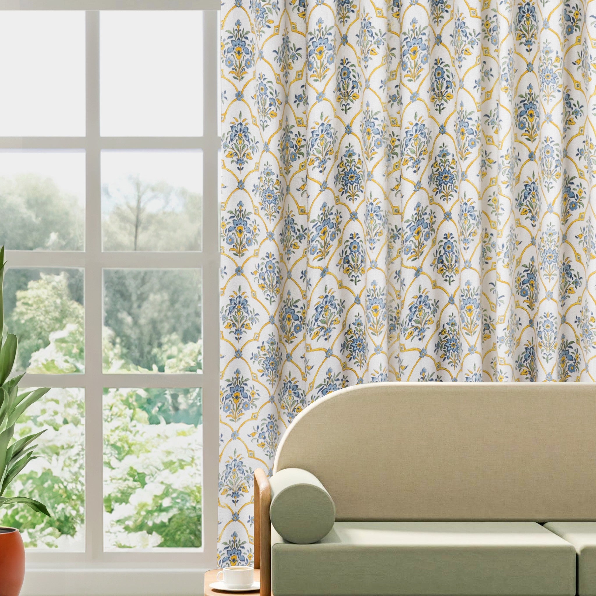 "Handcrafted cotton blend curtain with floral trellis pattern, light grey trim, and optional blackout lining, customizable in size and color."