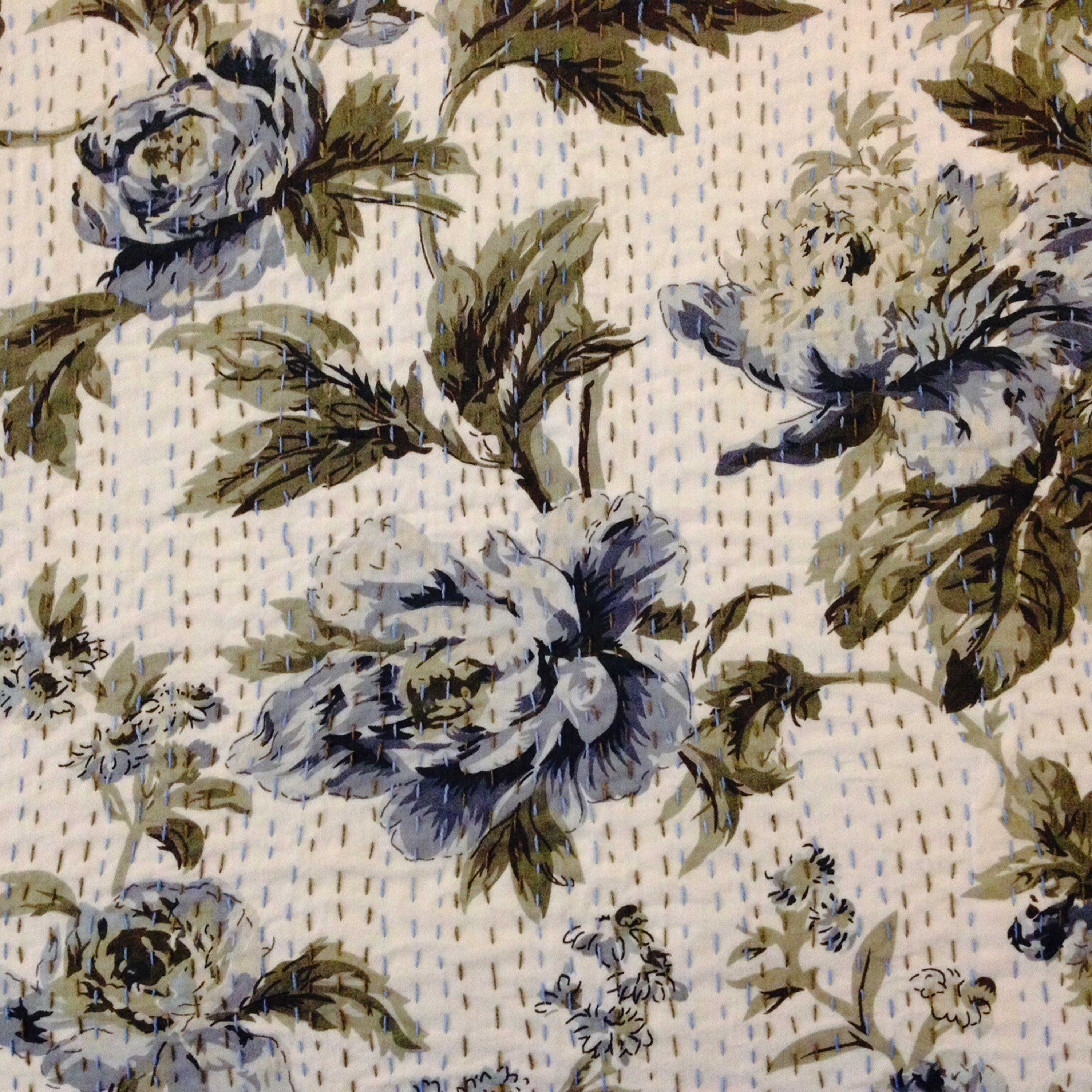 White Cotton Bedspread With Blue Rose Garden -Light Cotton Quilt