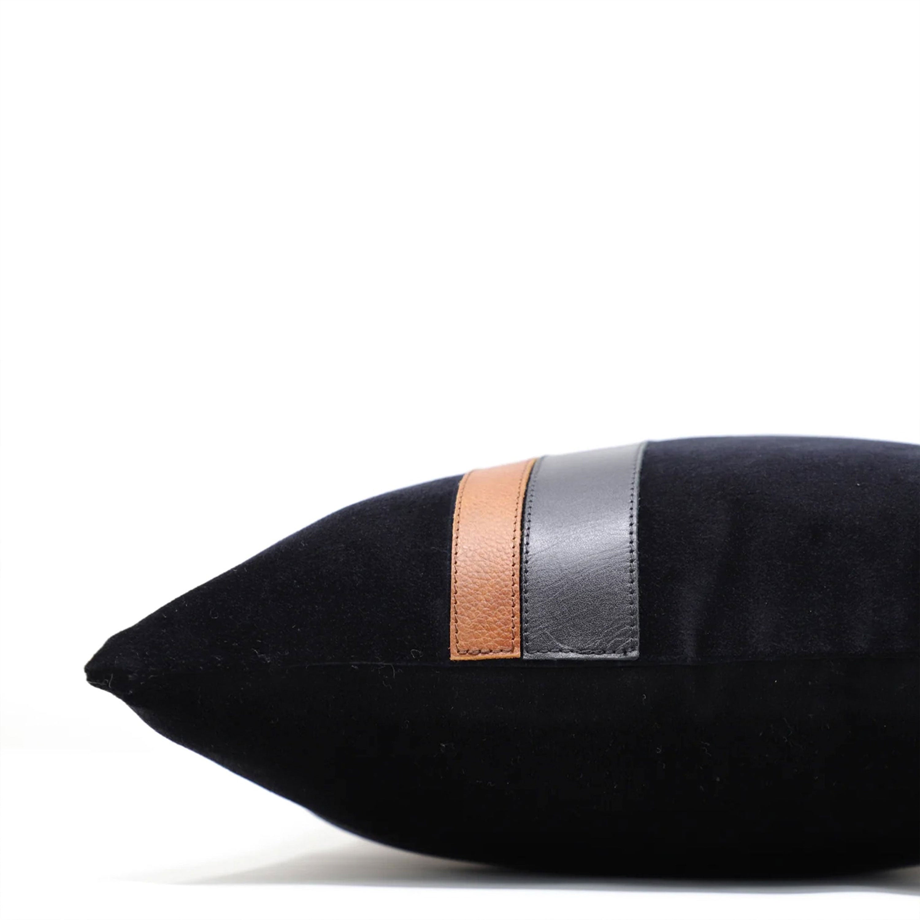 Leather Color Block Pillow Cover, Black Velvet With Tan and Black Leather Color Block