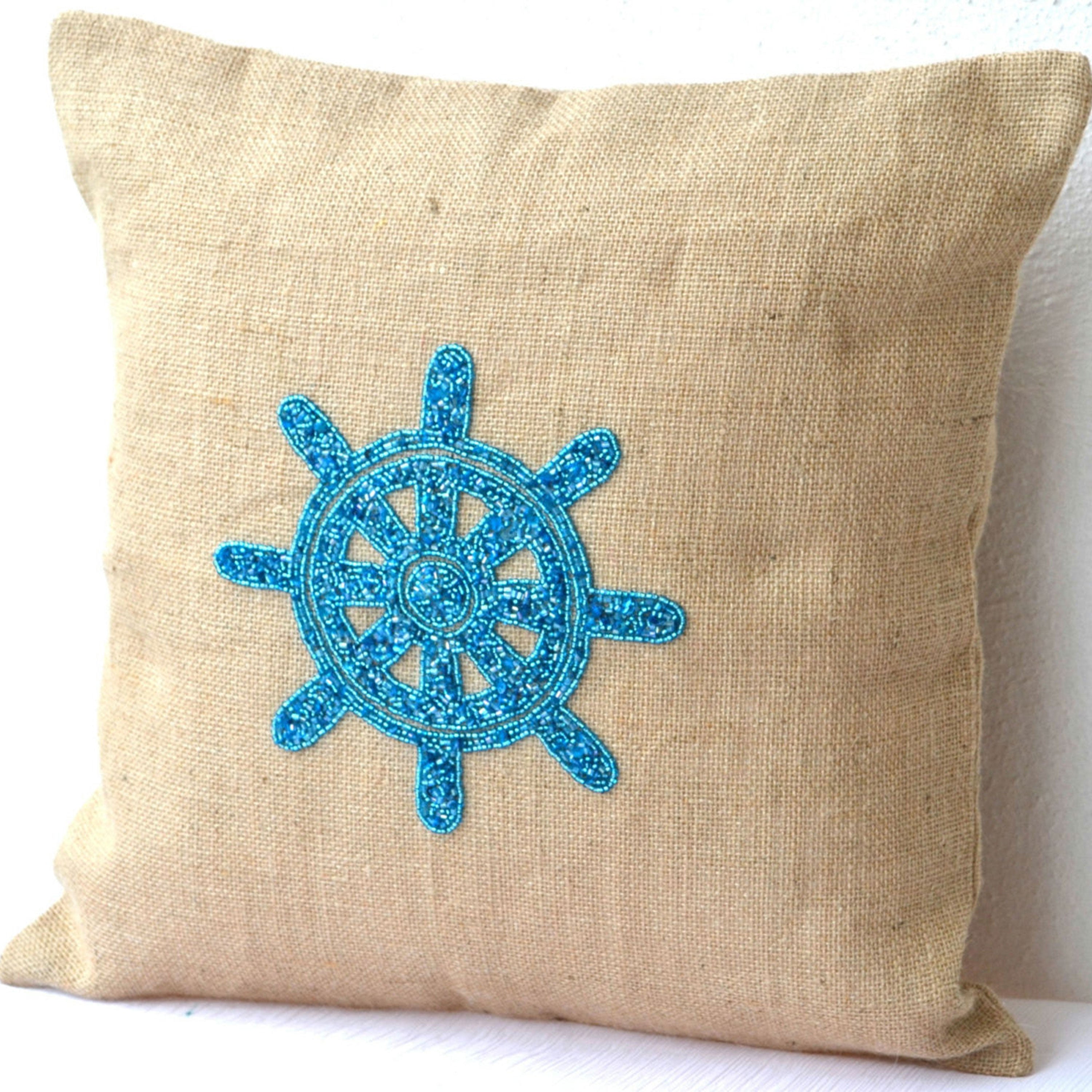 Decorative Pillow Covers Natural Burlap Nautical Ship Wheel Throw Pillow Gift