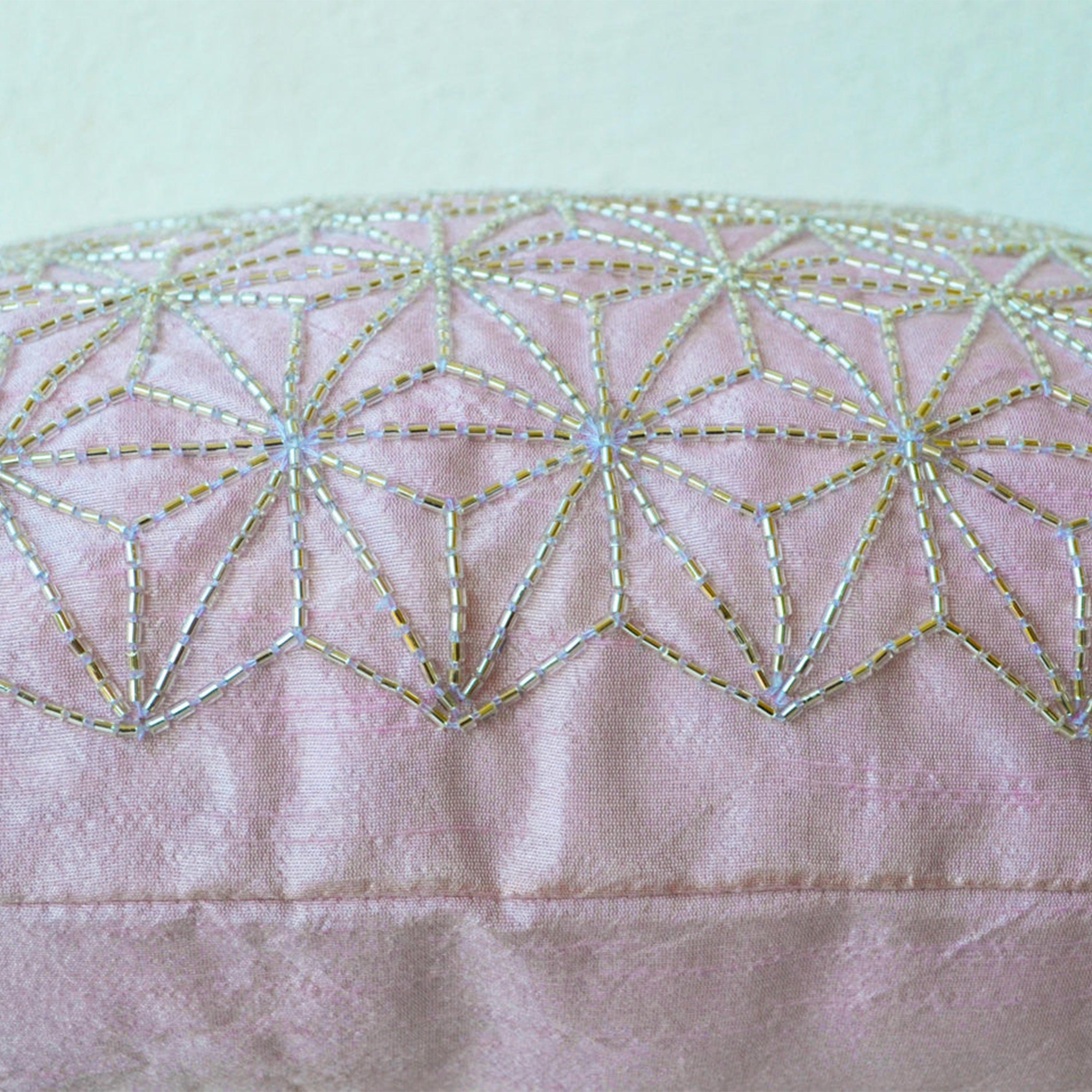 Pink throw pillow with silver embroidered hemp leaf - Sashiko pillow -16x16 - Cushion cover - Geometric Throw pillow -Pink silver pillow