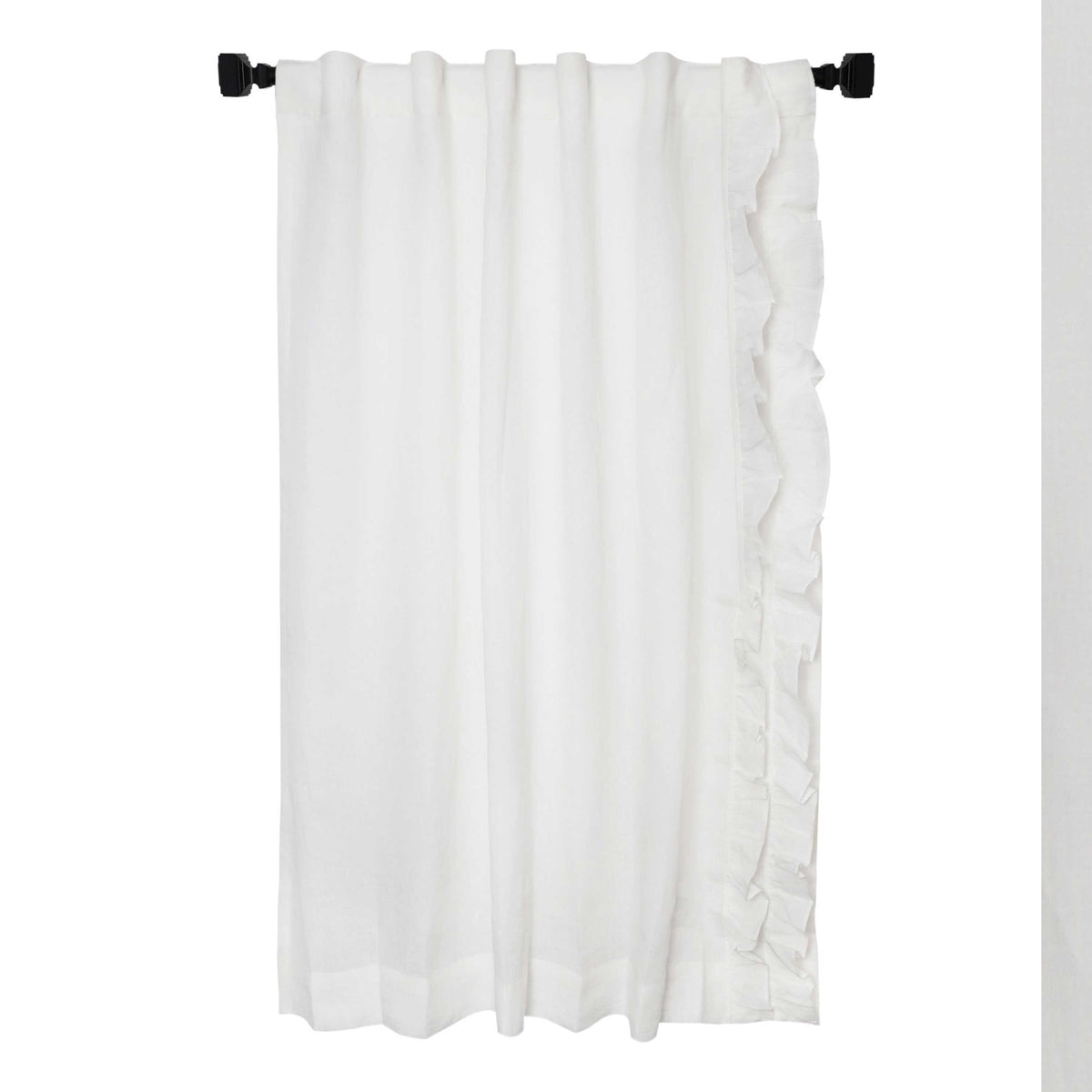 Single panel of white Linen Ruffle Curtains hanging on a black metal decorative rod with a distinct ruffled edge on the right side.