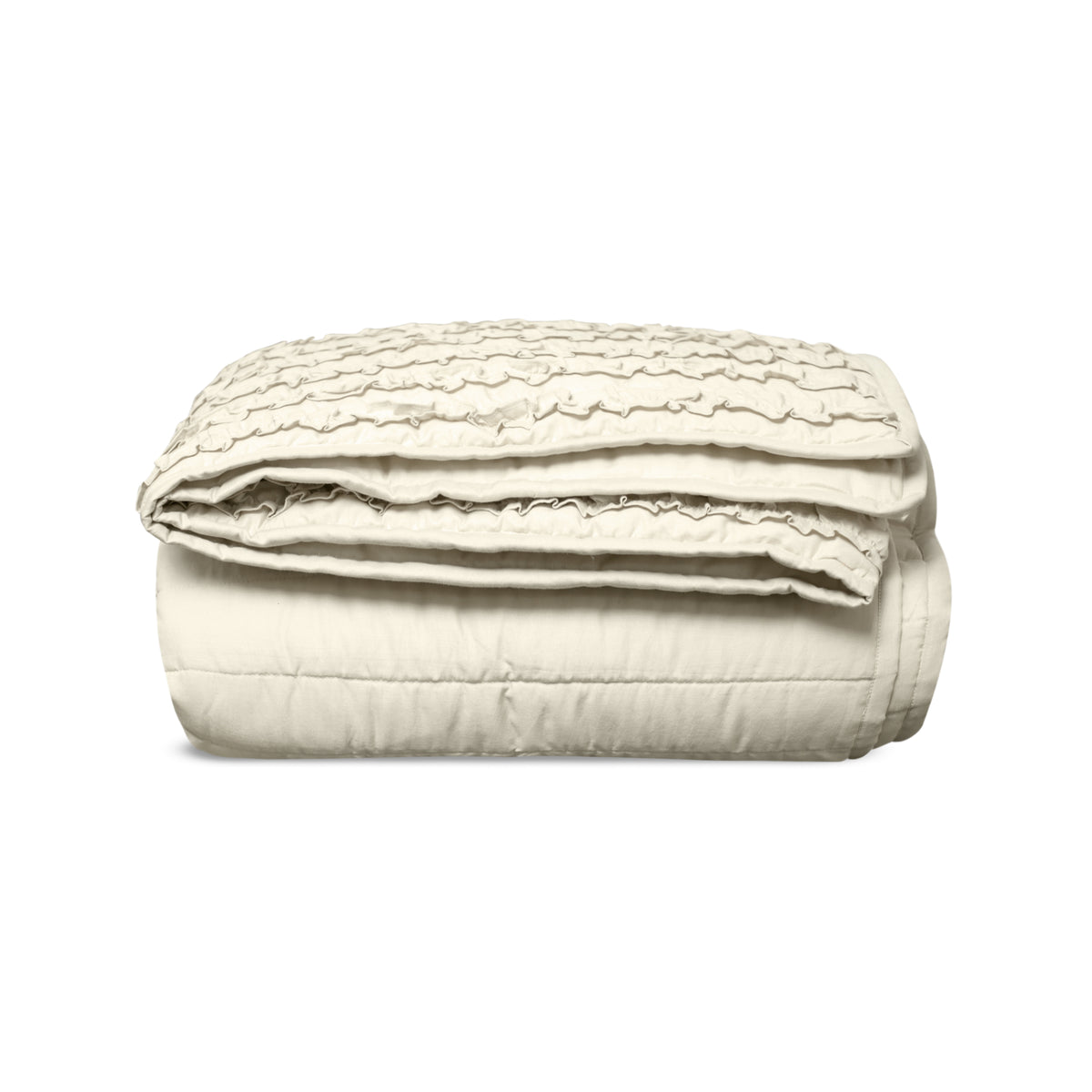 Neatly folded beige quilt featuring delicate ruffle trim layers on a plain white background.