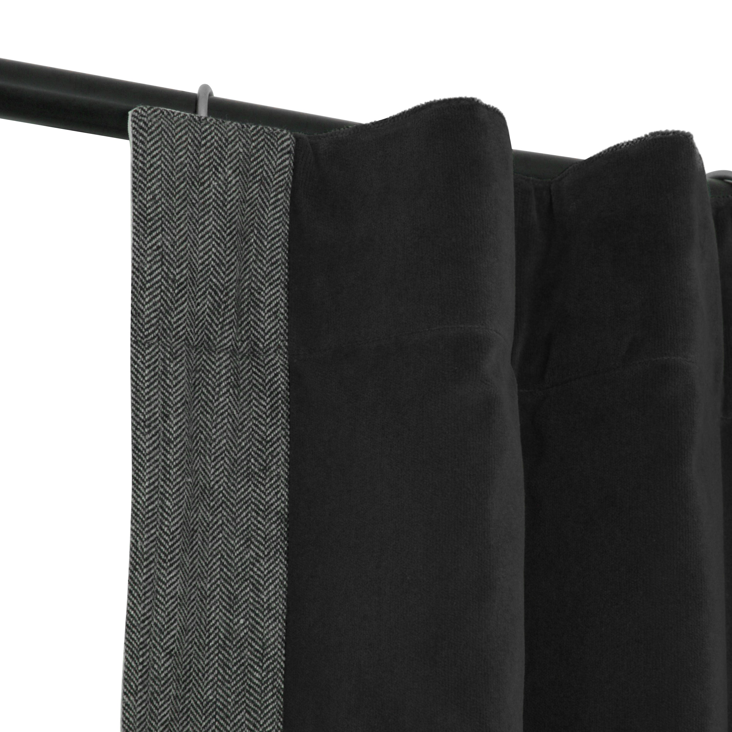 Handcrafted cotton velvet curtain features a wool chevron trim on each side, creating a harmonious look when paired, with one trim on the left and the other on the right.