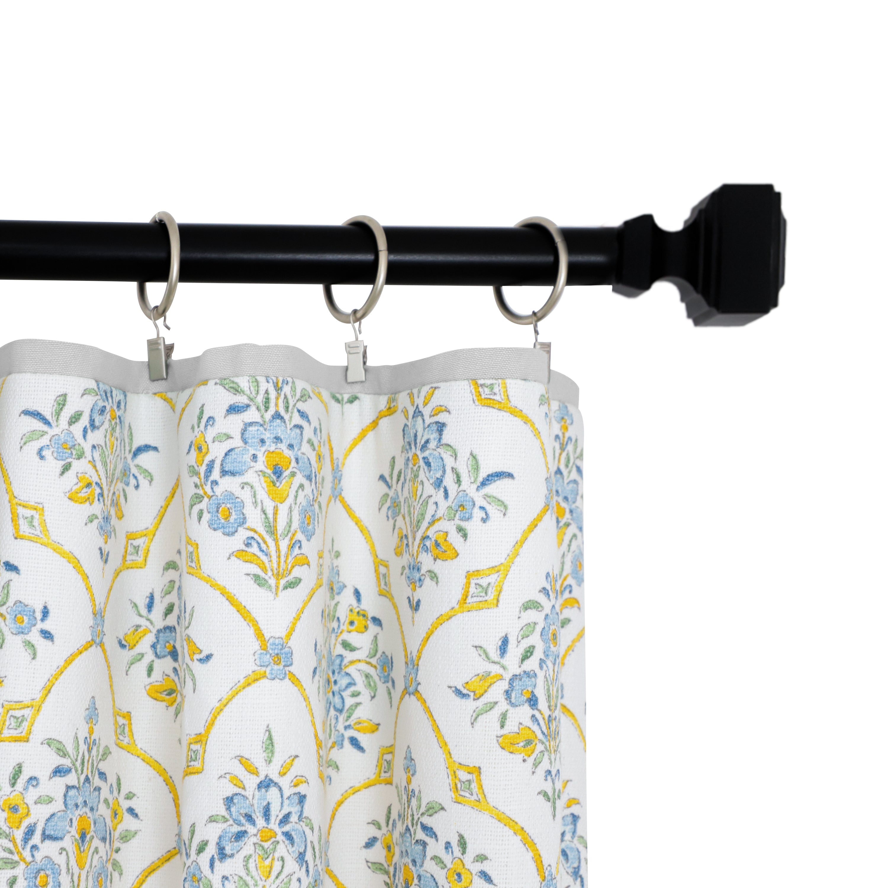 "Handcrafted blended cotton curtain with floral trellis pattern, light grey trim, and cotton lining, offering a custom-made, elegant finish."