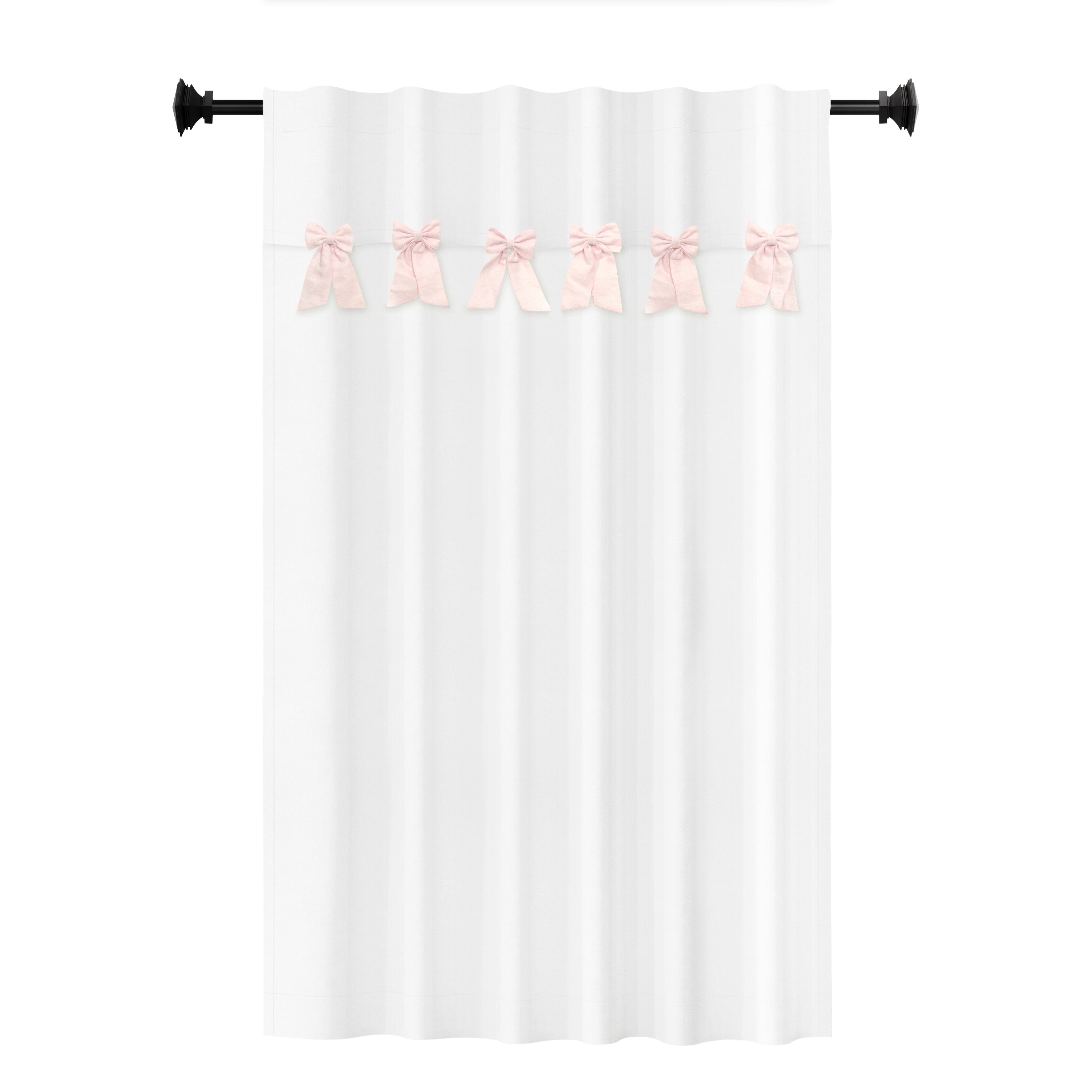 "Handcrafted bow valance curtain with white cotton lining, customizable sizes/colors, and optional blackout lining for added privacy."
