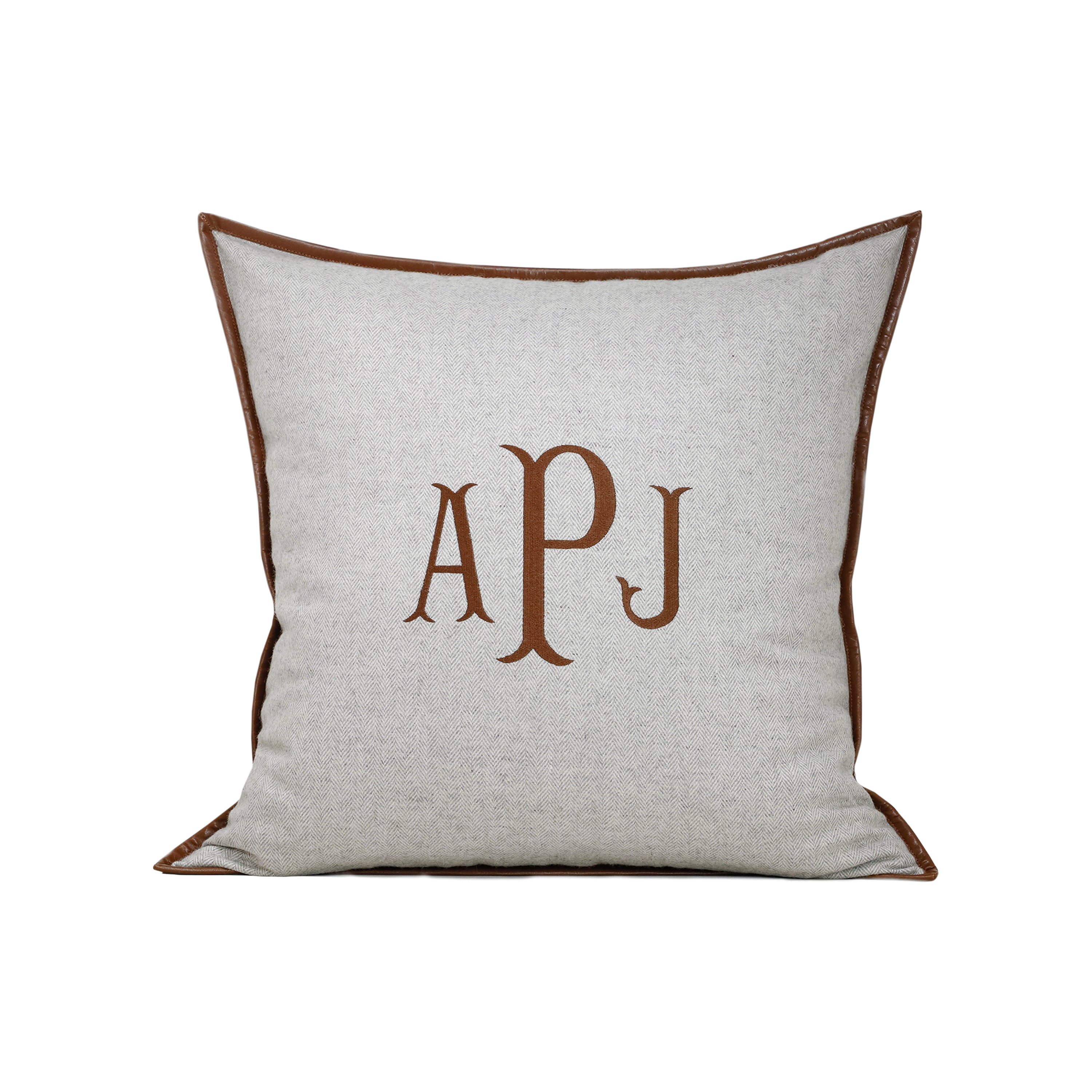 Personalized Herringbone Wool Pillow Cover with Leather Trim and Custom Monogram Embroidery