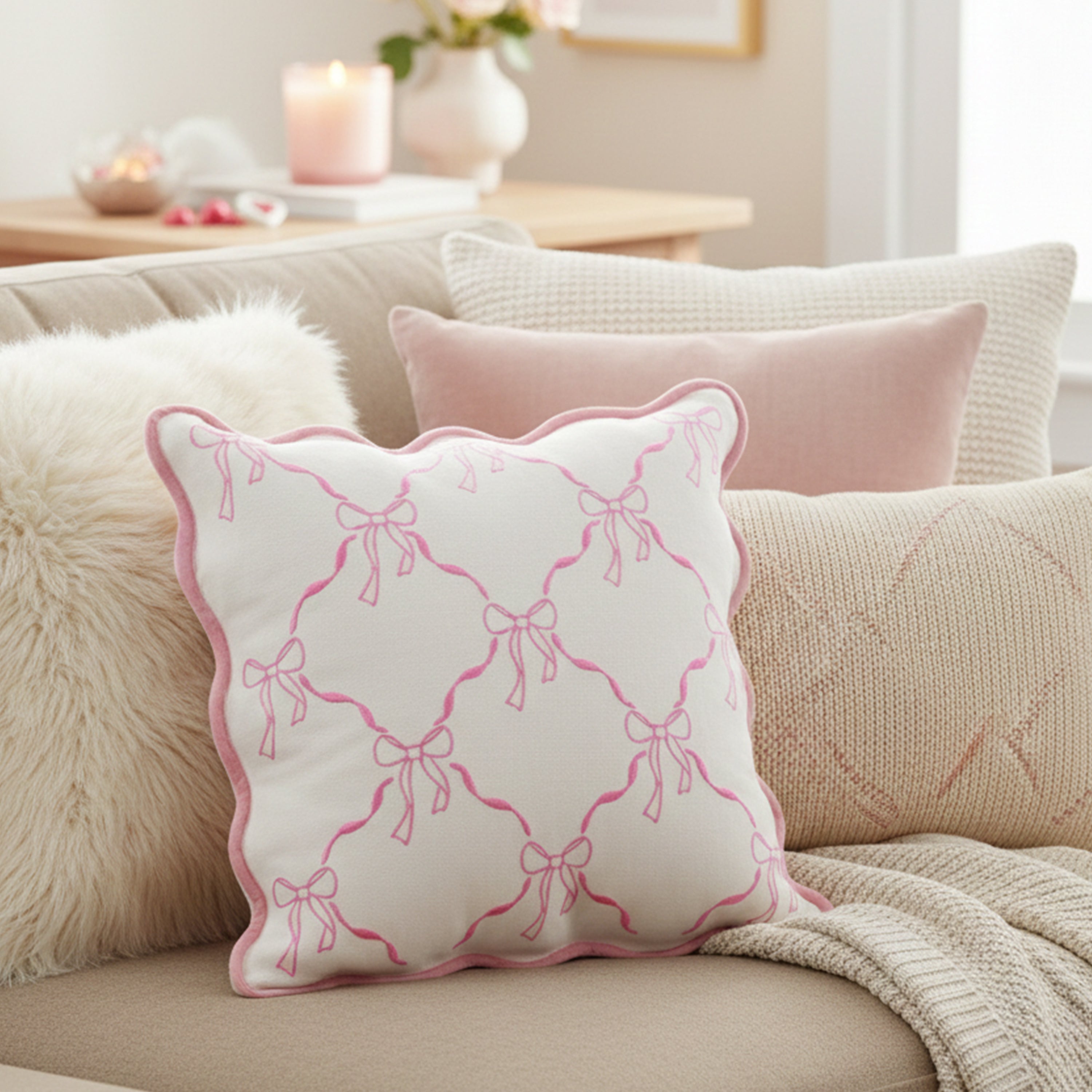 Scalloped Cotton Canvas Pillow Cover with Bow Embroidery