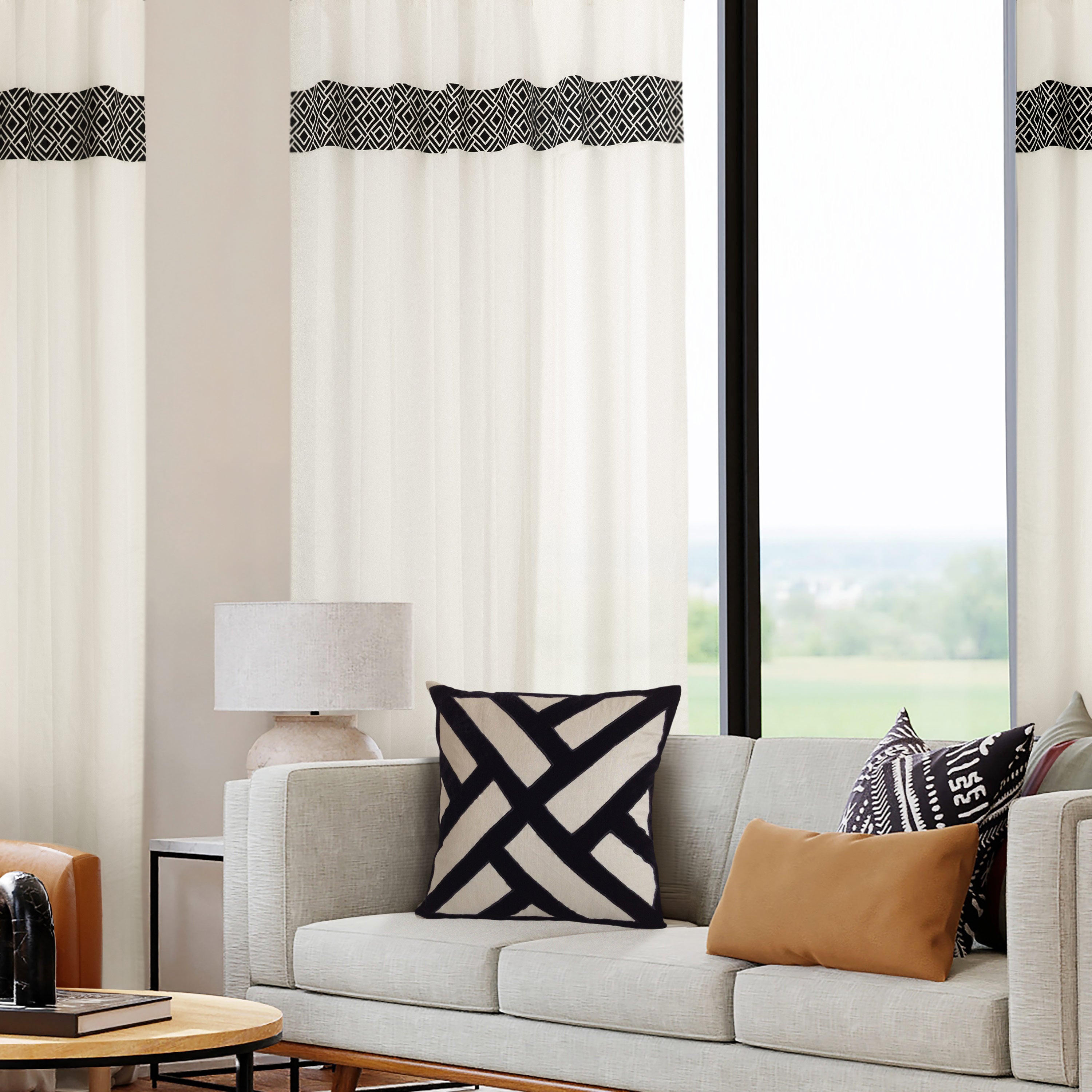 "Handcrafted embroidered Chippendale linen curtains with a luxurious ivory finish, perfect for adding charm to living rooms, bedrooms, and more."