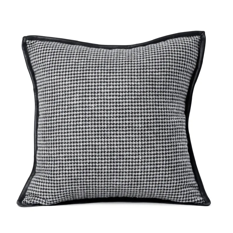 Black and White Houndstooth Pillow Cover with Leather Trim