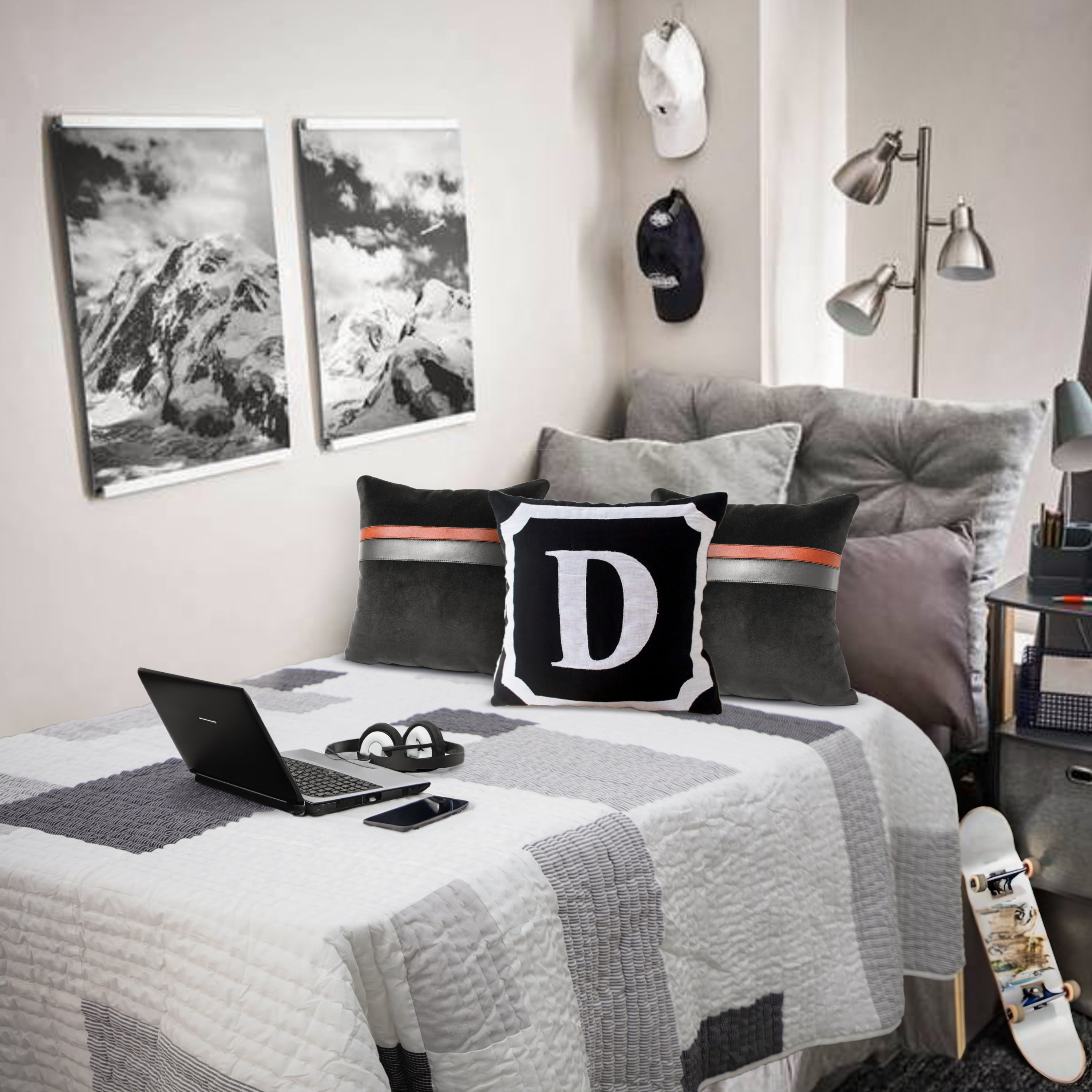 Handcrafted black and white quilt with elegant pattern, medium-weight for year-round comfort, complements any décor, plain white reverse side.