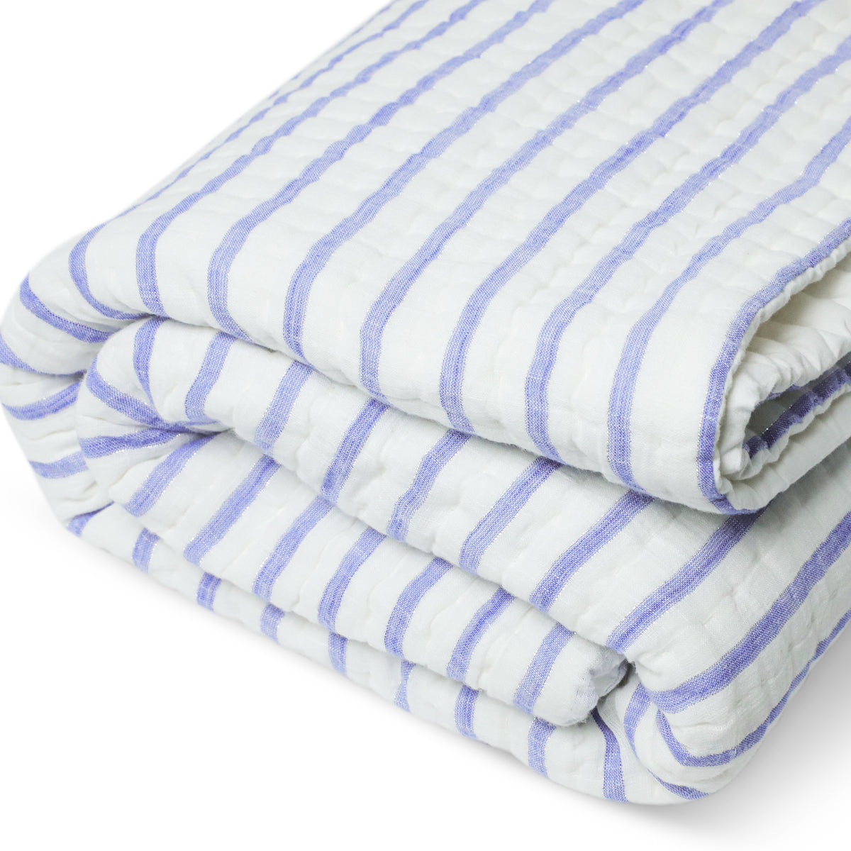 Close-up of the layered folds and stripe details on a Blue White Striped Pick Stitch Cotton Quilt.