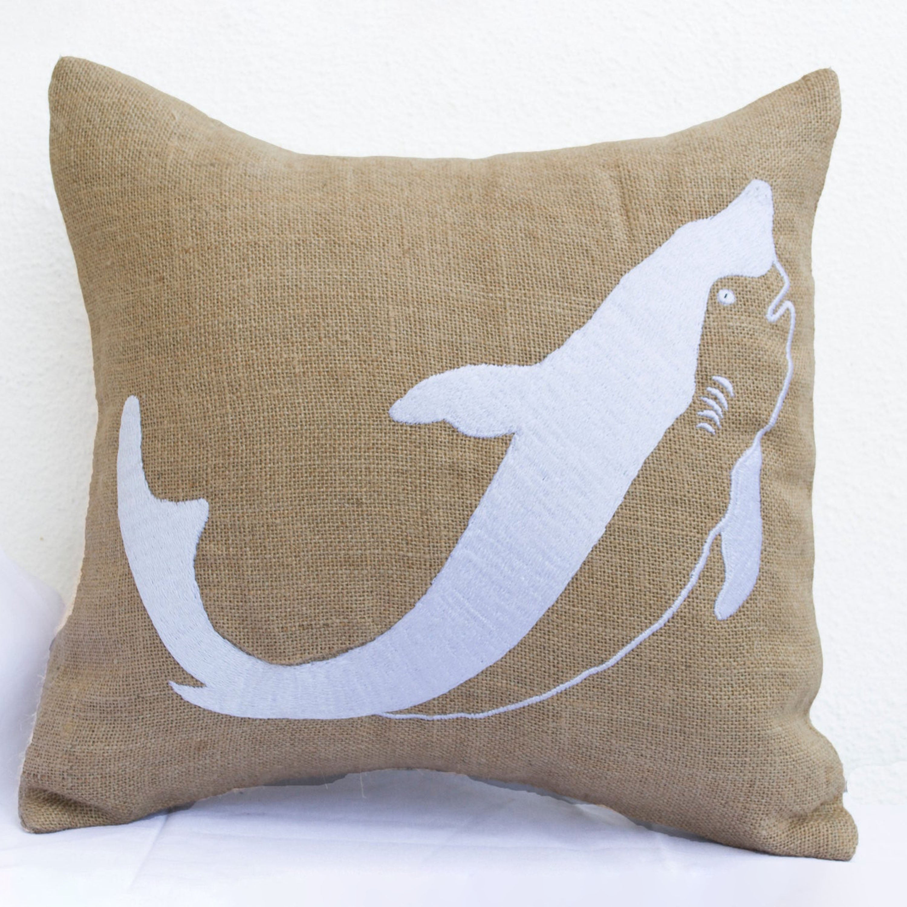 Burlap Pillows Shark Embroidered Beige White Pillow Nautical Sea Life Pillow