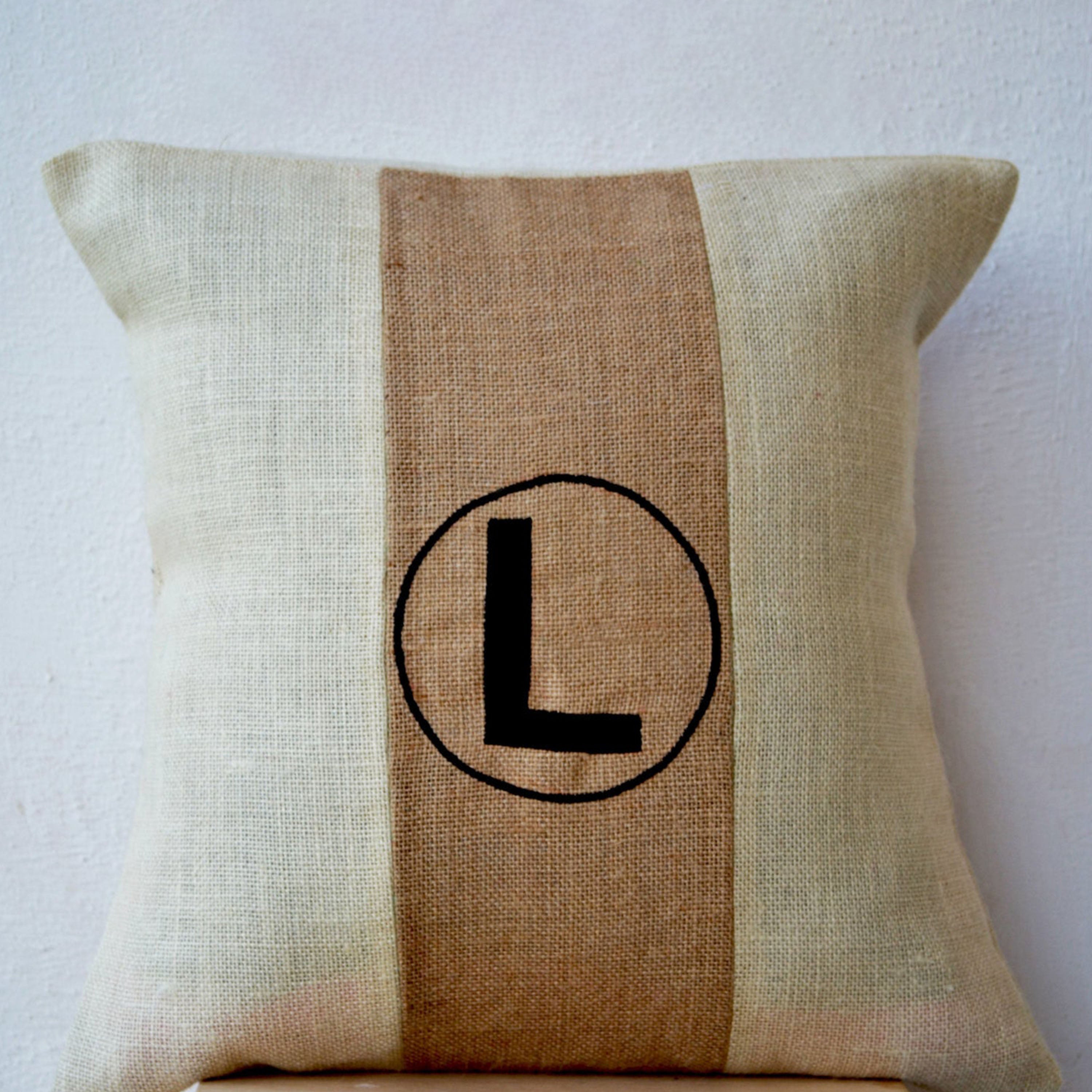 Chic Monogram Burlap Pillow Throw Pillow Color Block Beige Ivory Jute Cushion