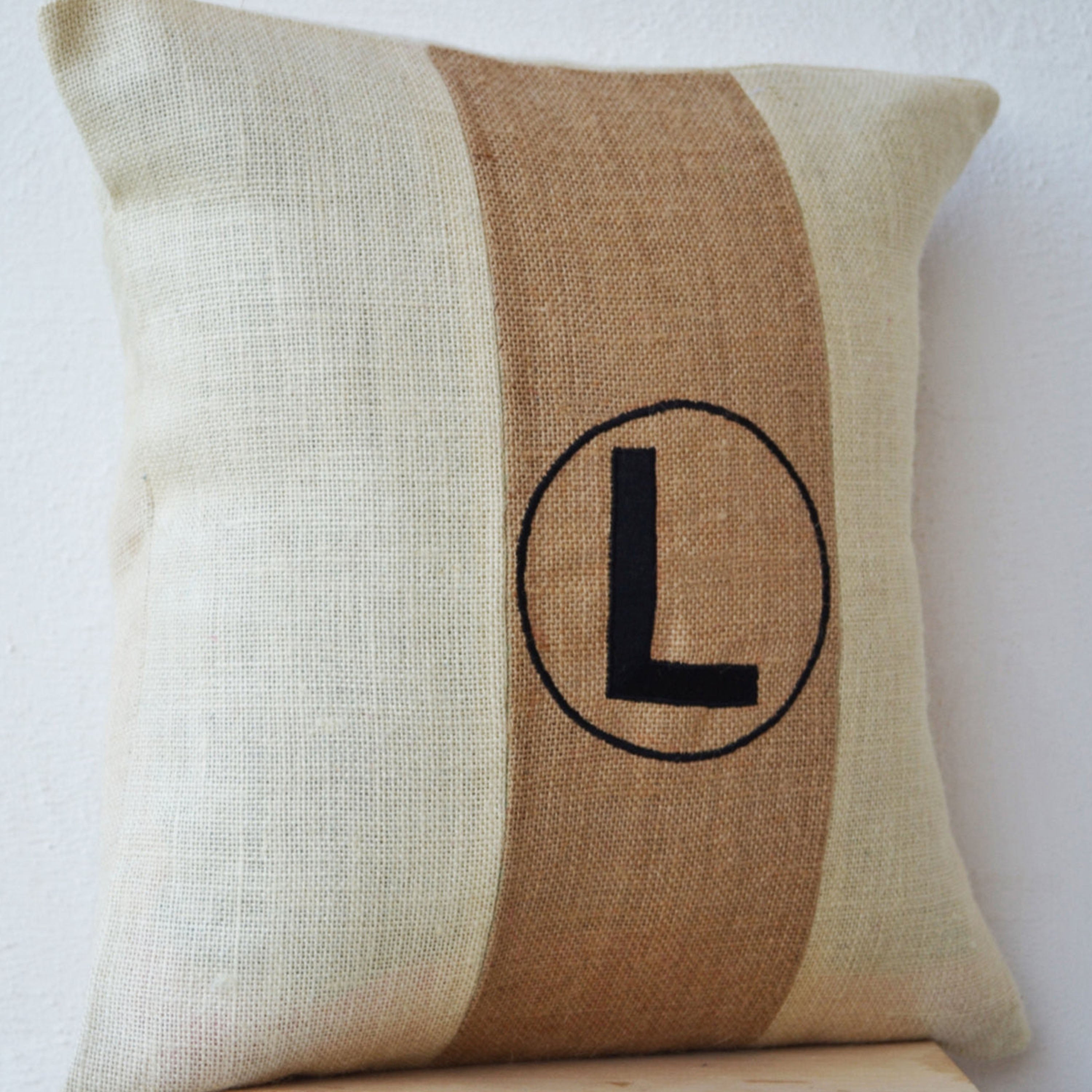 Chic Monogram Burlap Pillow Throw Pillow Color Block Beige Ivory Jute Cushion