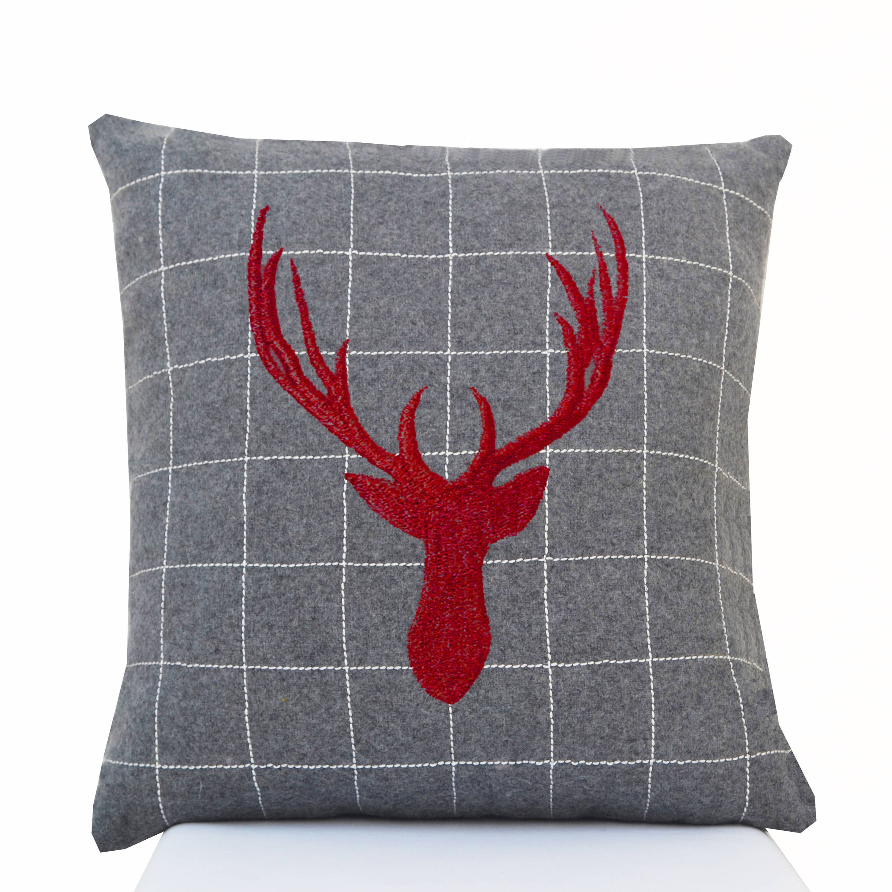 Christmas Reindeer Embroidered Gray Felt Pillow Cover, Decorative Throw Pillow Case