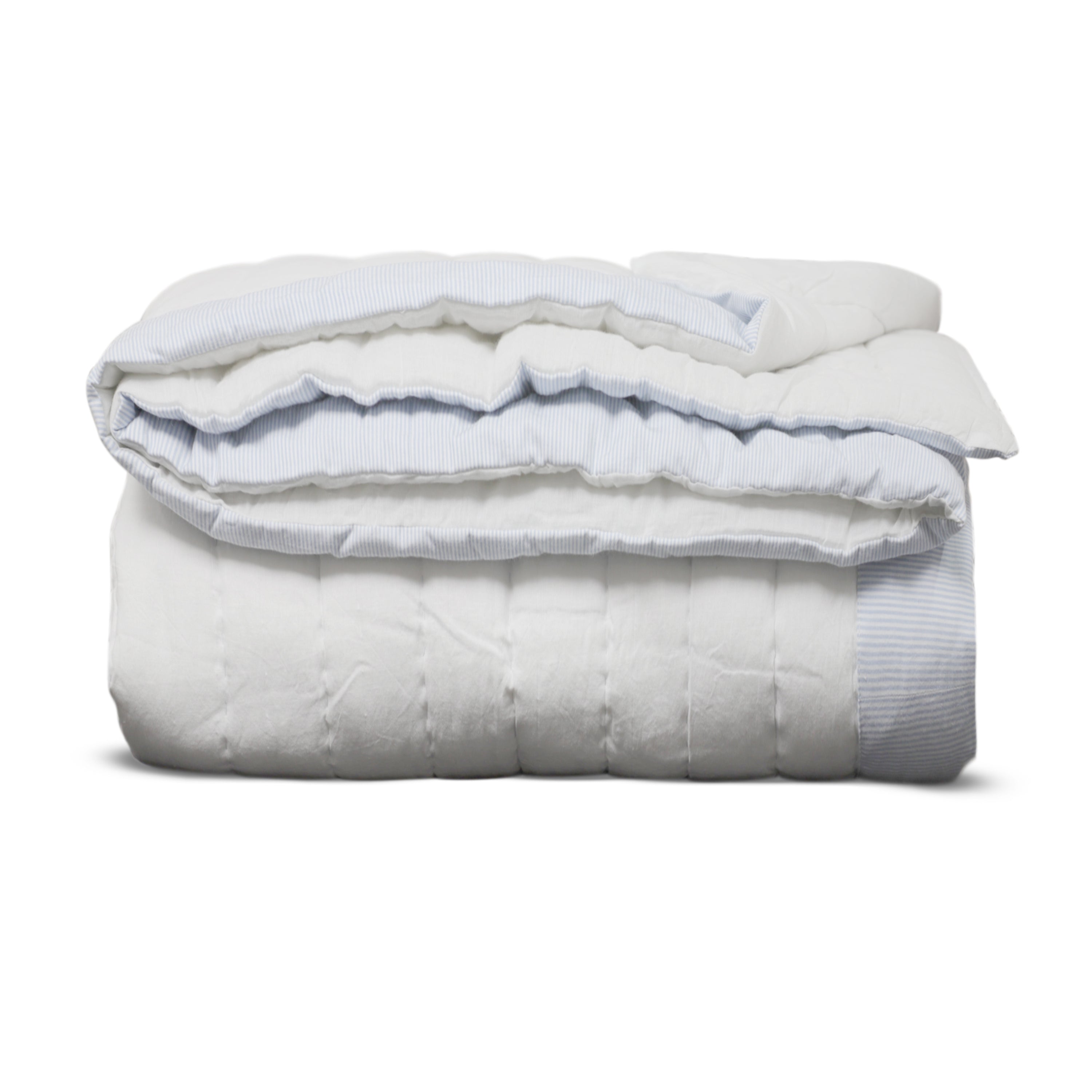 White cotton quilt with blue striped edge. Breathable cotton quilt with cotton batting. Reverses to plain cotton fabric.
