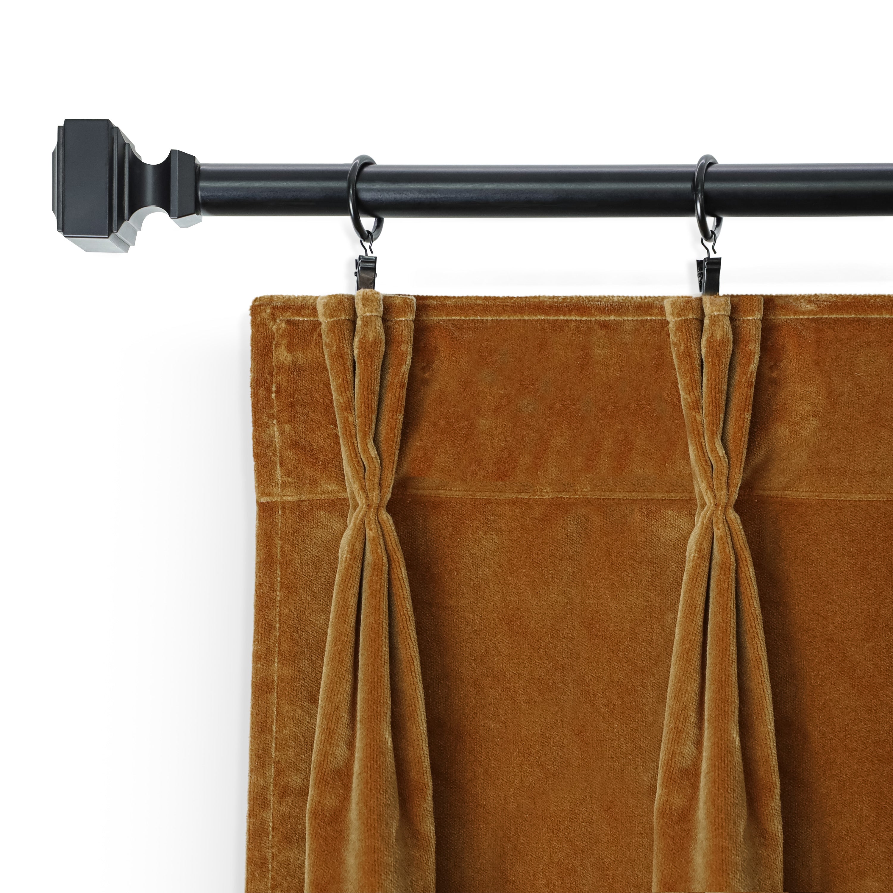 "Handcrafted regal rust triple pleat cotton velvet curtains, 250 GSM, custom pinch pleat design, available in multiple solid colors."