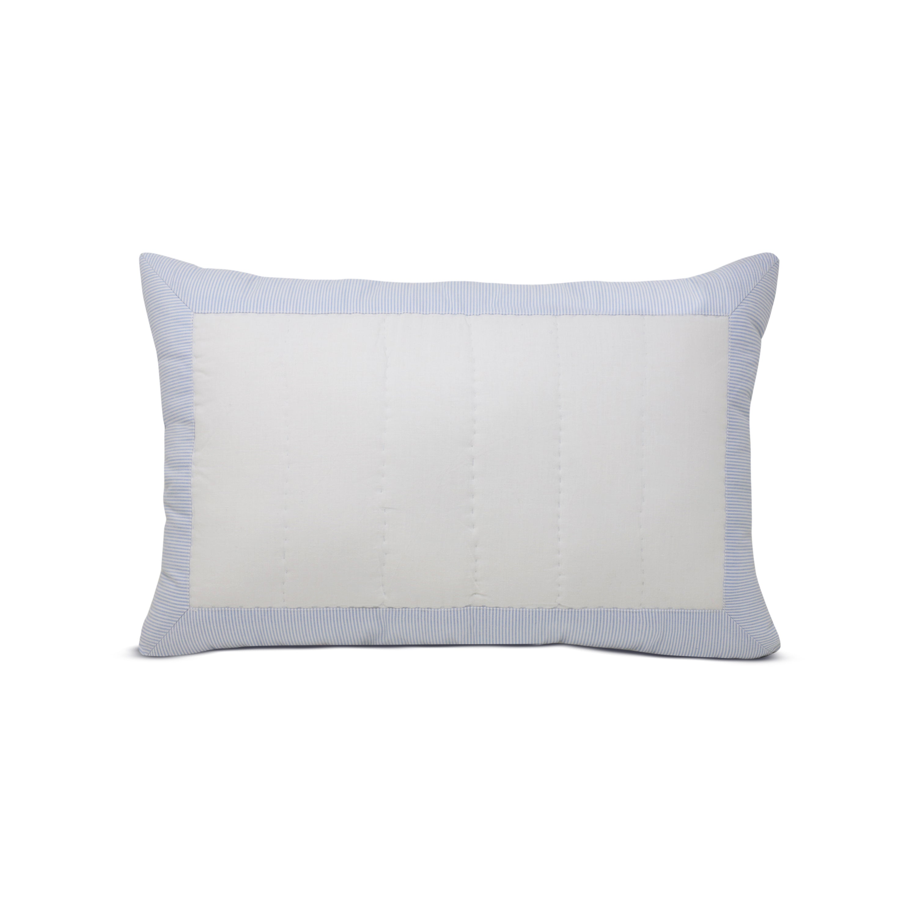 White cotton sham with blue striped boarder. The shams are available in multiple sizes and can be purchased separately.