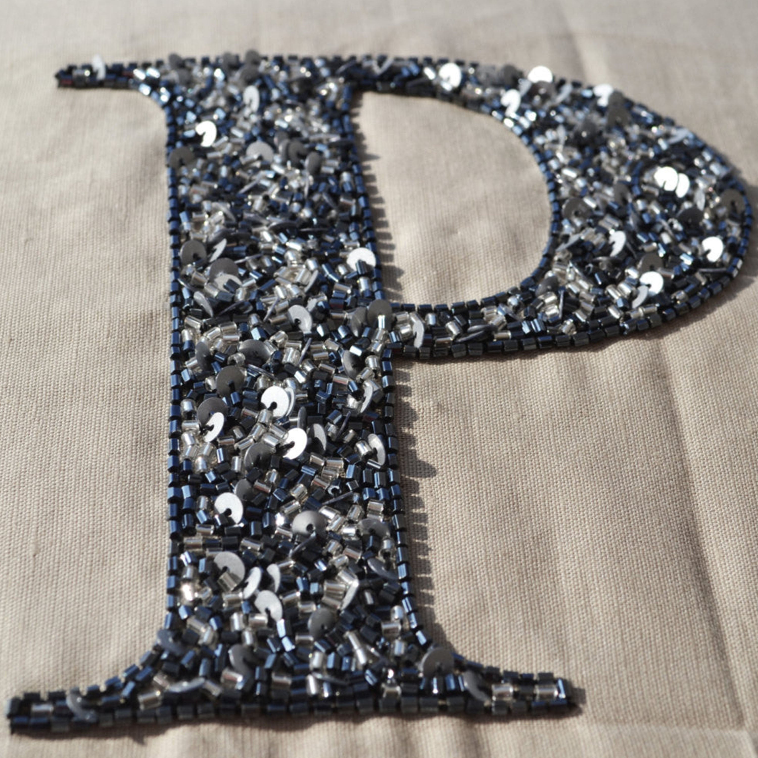Customised Grey Sequin Monogram On Beige Linen Initial Pillow Cover