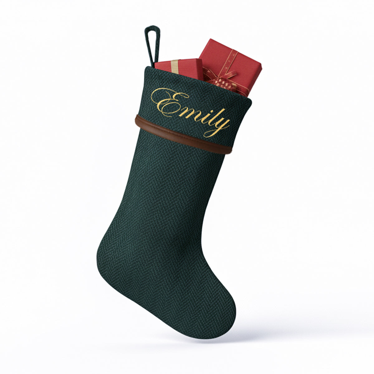 Chevron Wool Christmas Stocking with 'Emily' embroidered on it, filled with red gifts.