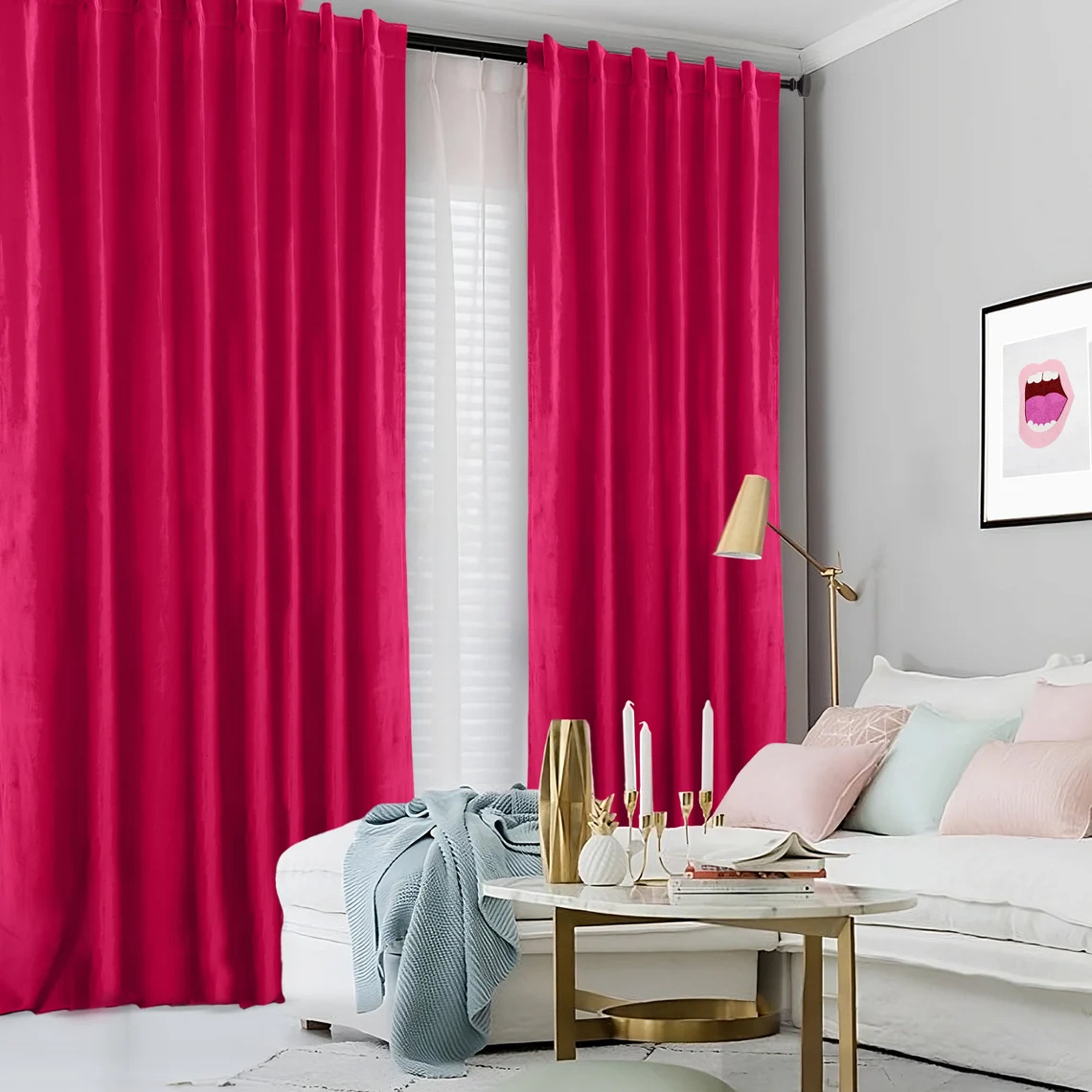 "Made-to-order solid-color velvet curtains in 10+ shades, 300+ GSM cotton velvet, rod pocket with back tabs. Choose unlined, cotton-lined, or blackout-lined options."