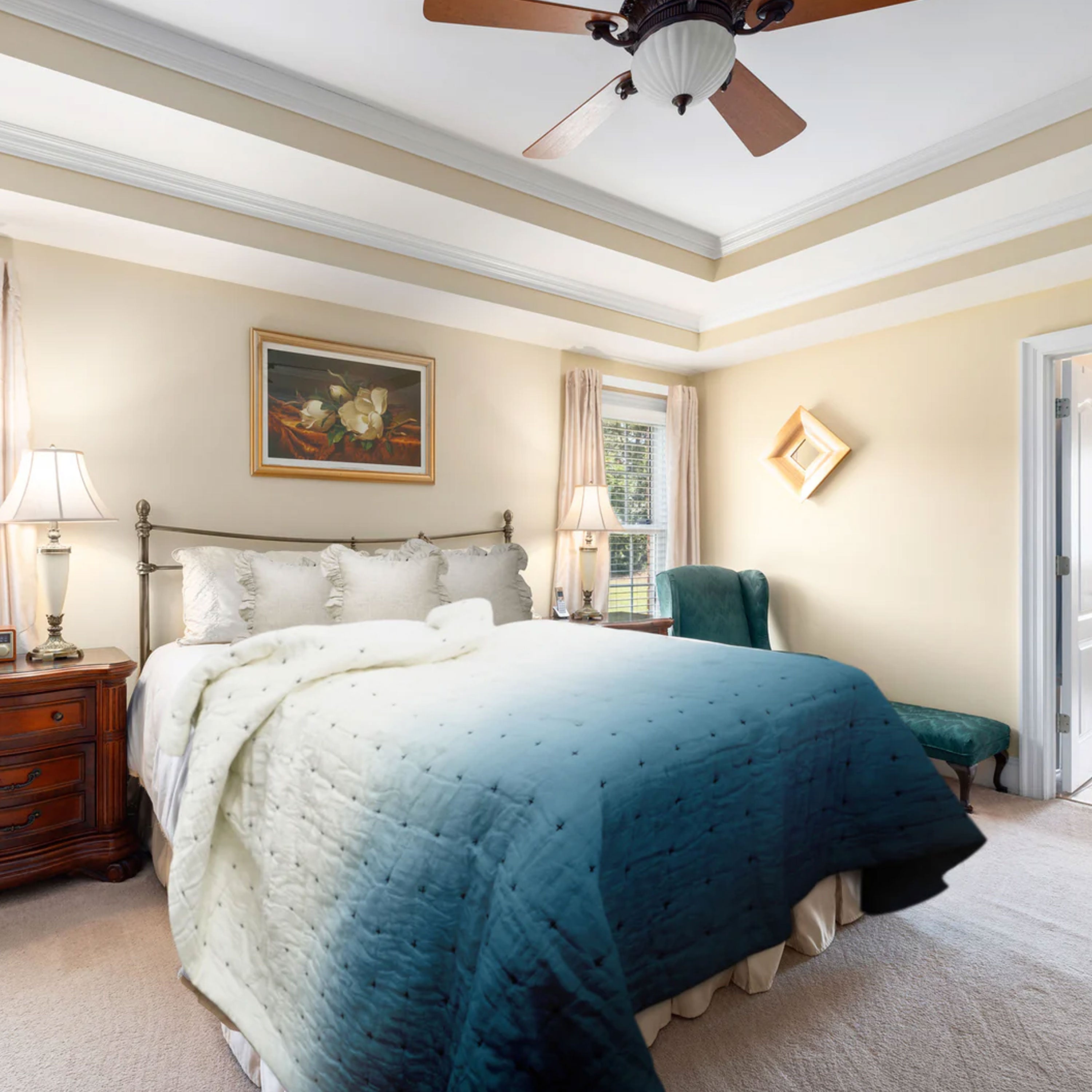 Indigo ombre custom linen quilt displayed on a bed, blending breathable comfort with a soft gradient design. Ideal for college dorm bedding, it adds a touch of boho and minimalist charm. Lightweight, durable, and suitable for all seasons, it pairs well with popular dorm styles like cottagecore and preppy décor.