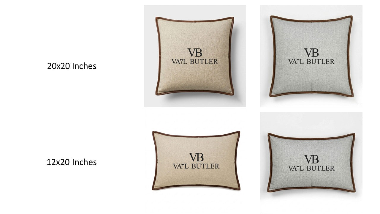 Custom Corporate Logo Herringbone Wool Pillow Cover with Brown Leather Trim - Set of 2