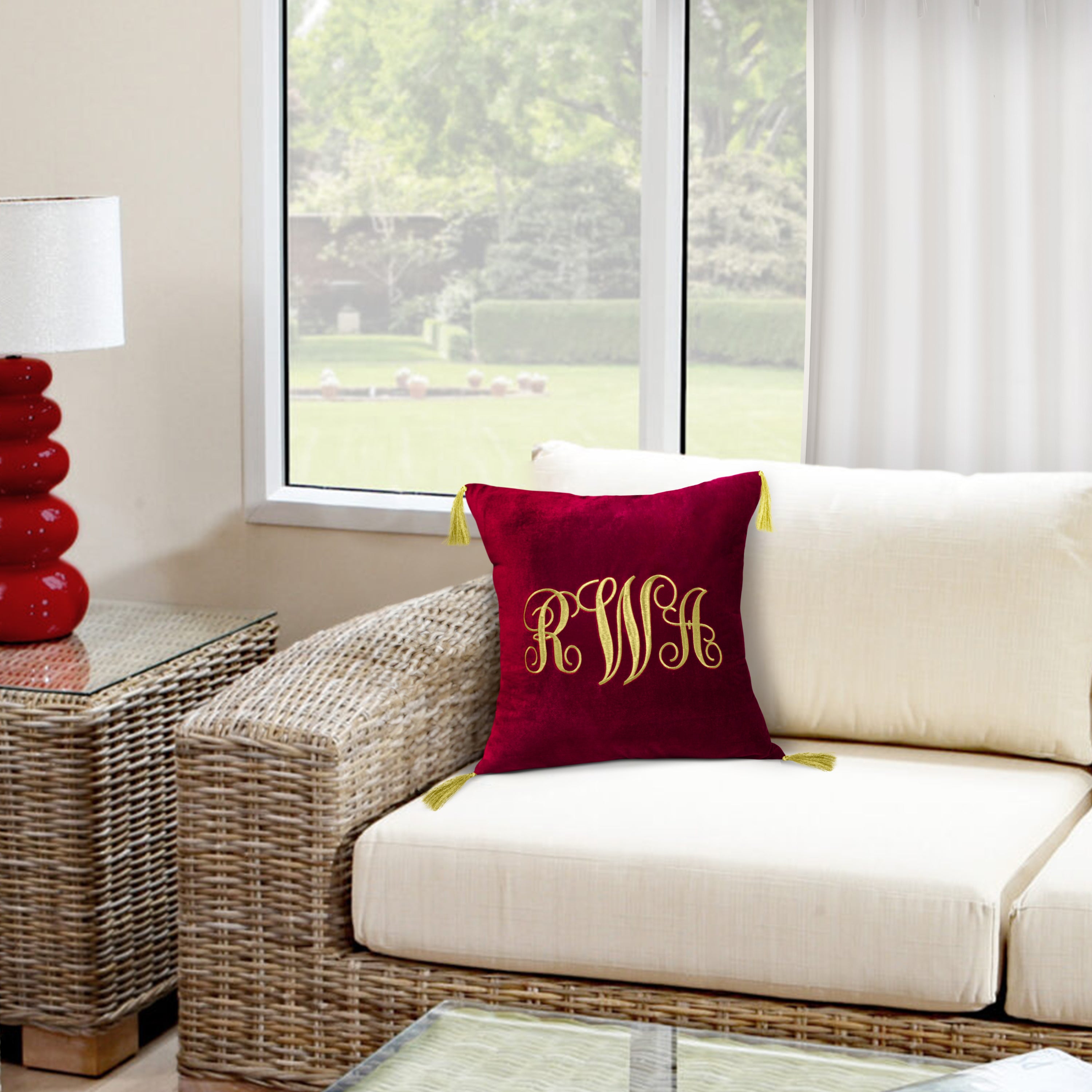 Monogrammed Decorative Velvet Throw Pillow Cover With Golden Embroidery