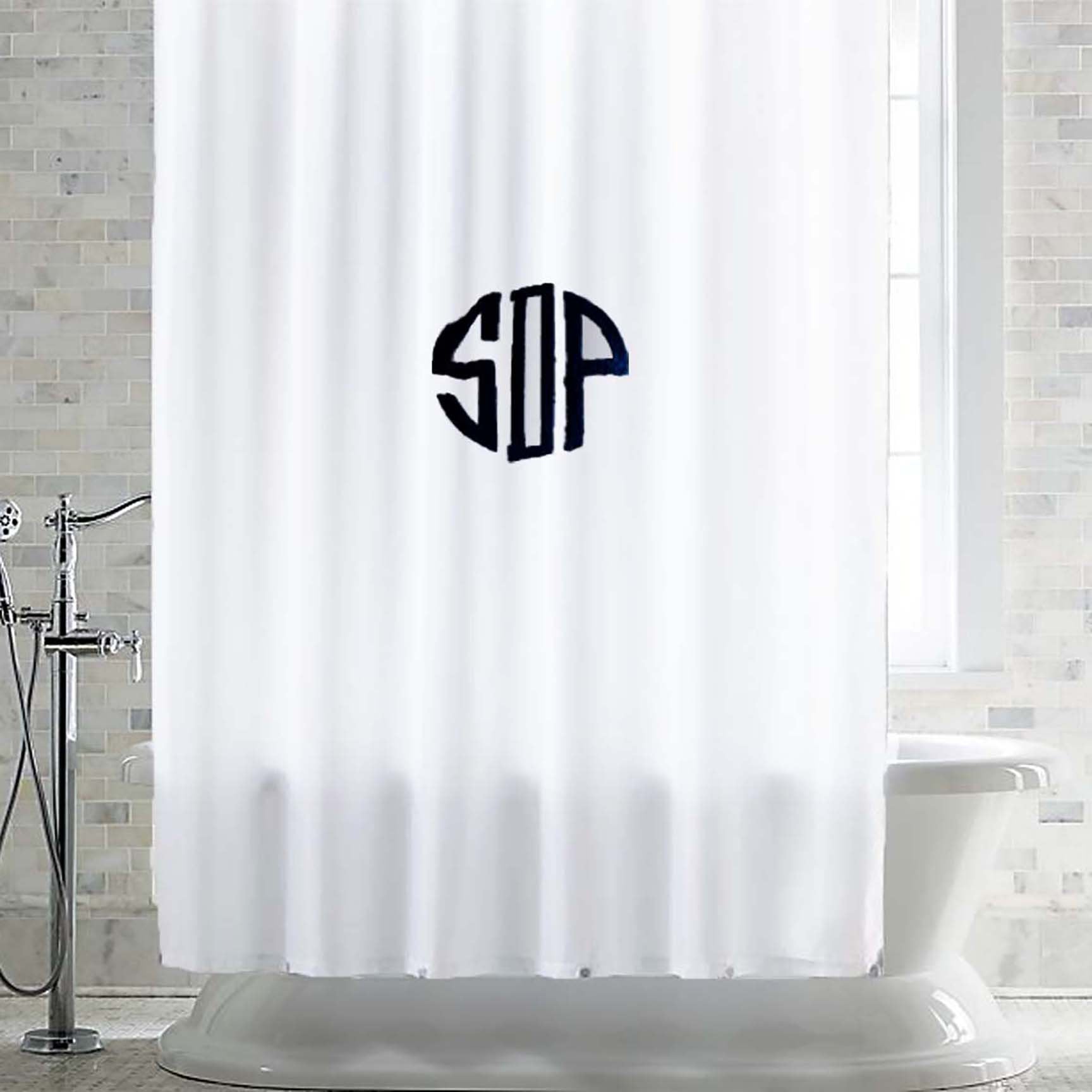 Handcrafted ivory shower curtain with custom monogram in your choice of font and thread. Durable, mold-resistant, and a thoughtful gift.