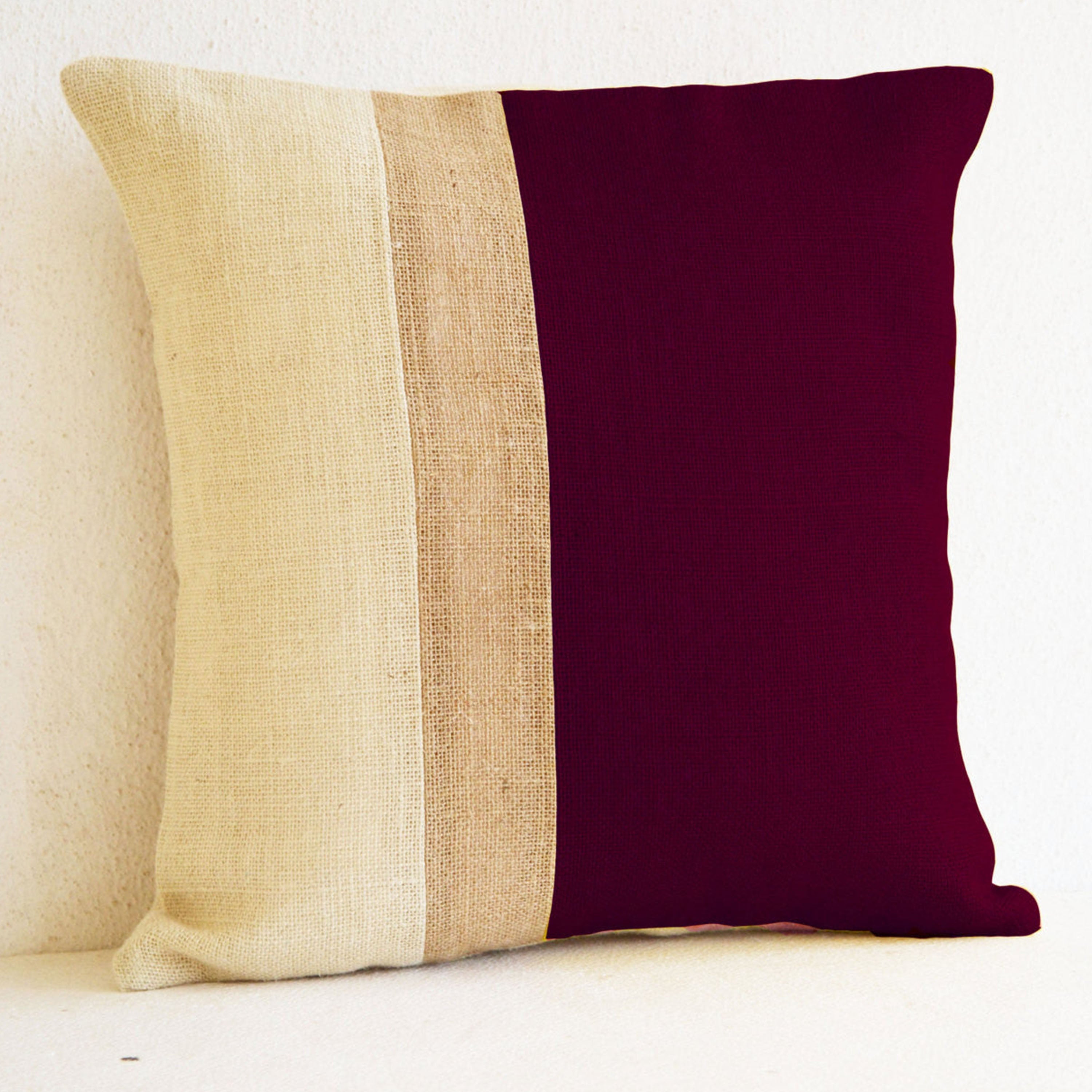 Outdoor Pillows - burgundy burlap pillow color block - Maroon White Decorative cushion cover- 18x18pillows - Burgundy White Euro Sham