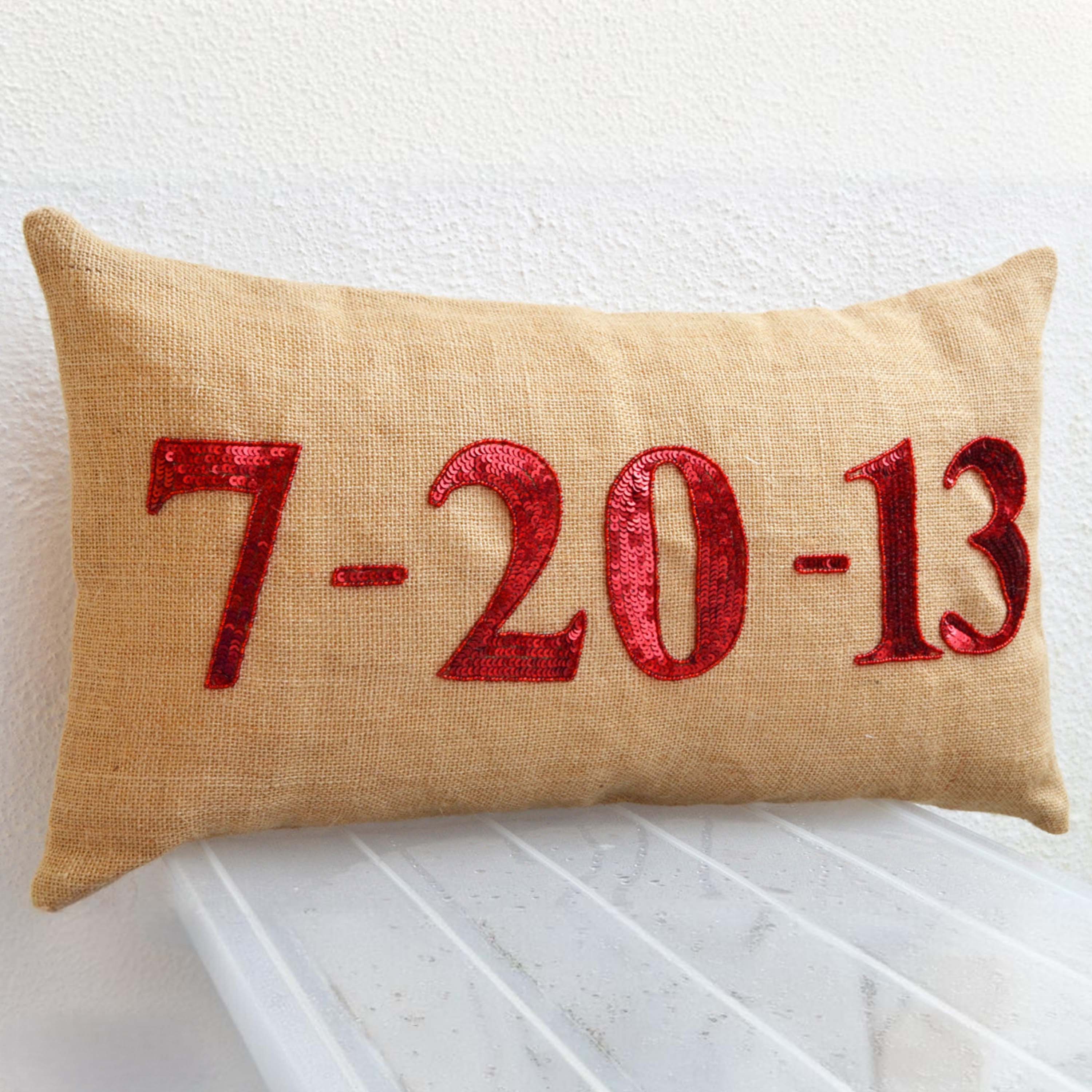 Personalized date pillows- Burlap pillows- Decorative throw pillows with monogrammed date to remember - Red sequin pillow - lumbar pillow