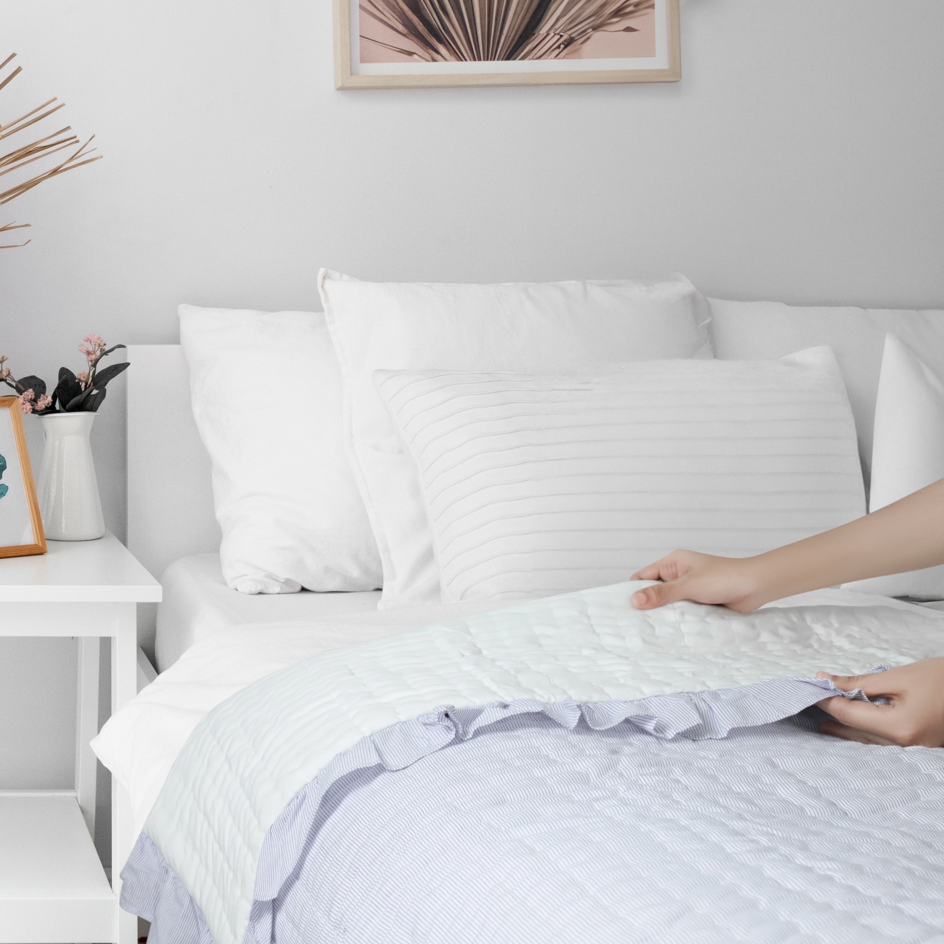 Handmade striped cotton quilt in blue and white with a pick stitch design. Perfect as a cotton coverlet.