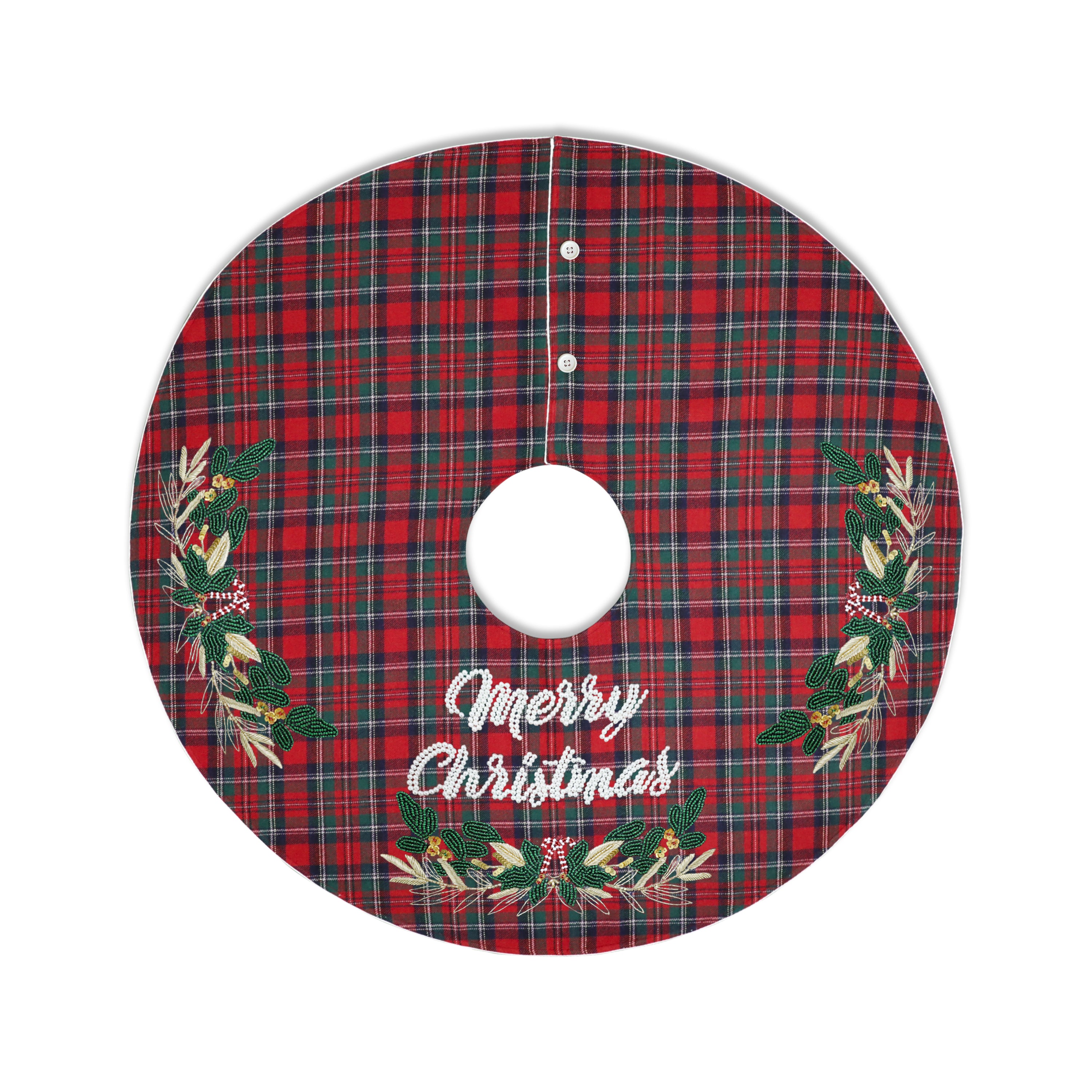 Red Tartan Christmas Tree Skirt With Embellishments