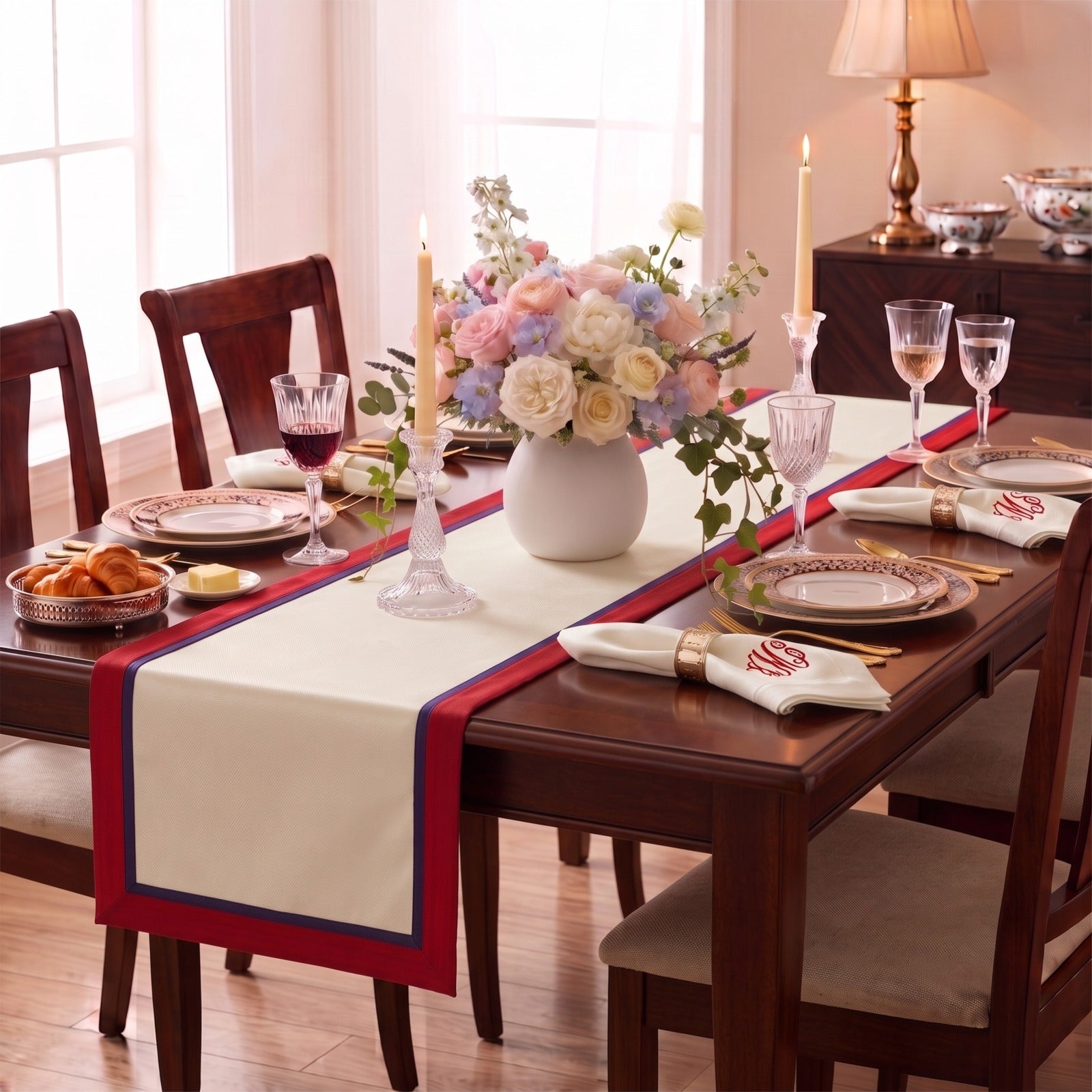 An Ivory Table Runner With Custom Border in red and navy accents styled on a formal dinner table with floral decor.