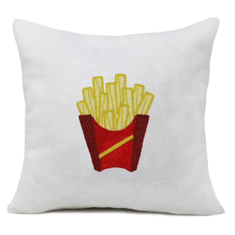 "Hand-beaded french fries pillow cover - vibrant pop art decor with intricate beadwork on neutral fabric for a bold statement."