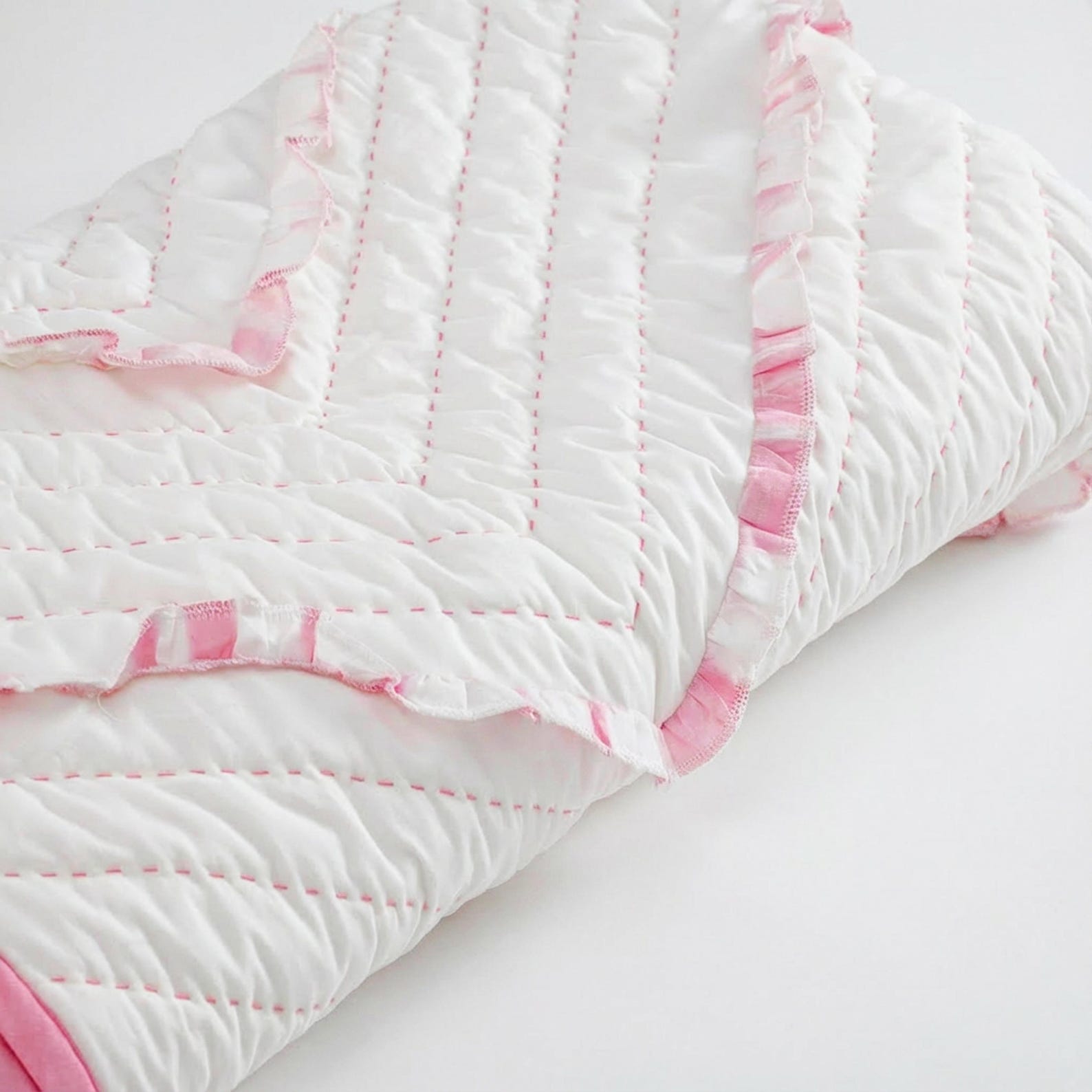 Pink White Chevron Ruffle Quilt