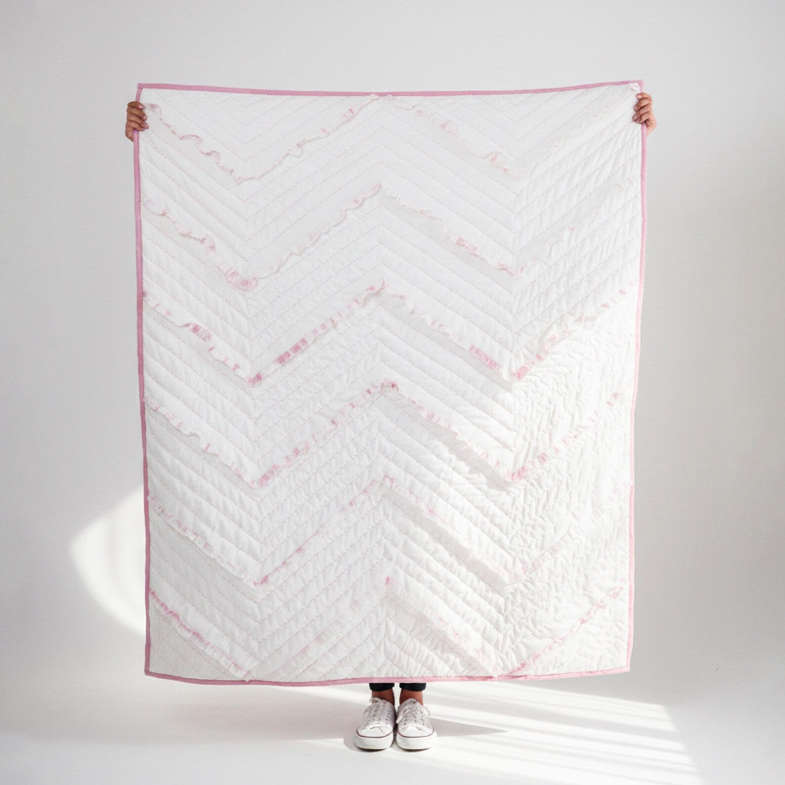 Pink White Chevron Ruffle Quilt