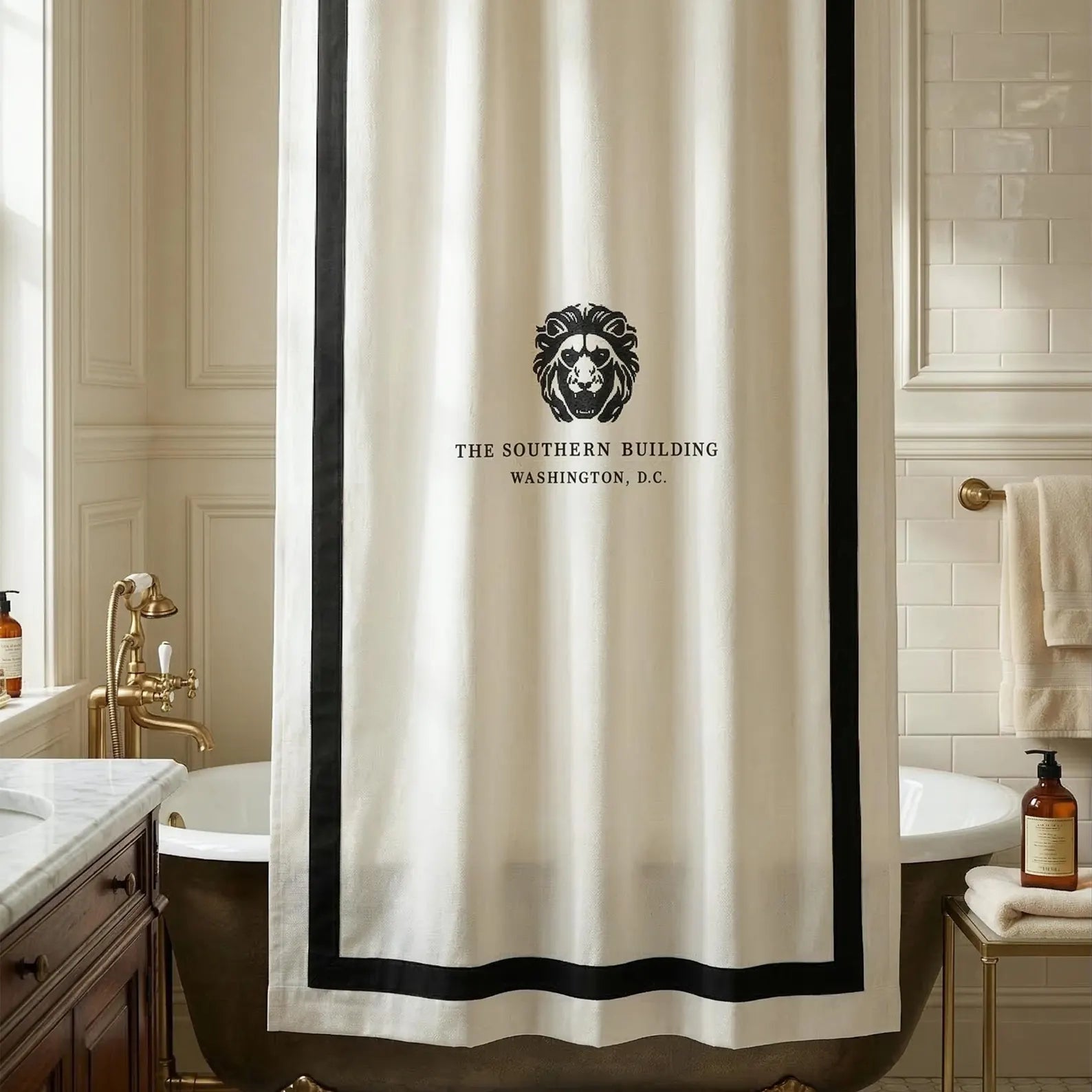 Full-length view of a personalized ivory shower curtain with a bold black border framing a vintage-style clawfoot tub. This custom-sized, made-to-measure bathroom curtain from Amore Beauté features a centered "The Southern Building" monogram. The minimalist design with rust-proof grommets is perfect for transforming any bathroom into a luxury spa environment. Ideal for homeowners seeking a personalized housewarming gift or a high-end, modern bathroom upgrade.