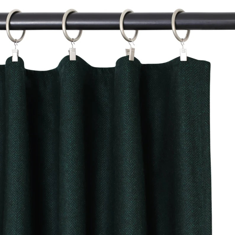 Thermal Insulated Wool Curtains - Dark Green Herringbone Custom Drapes