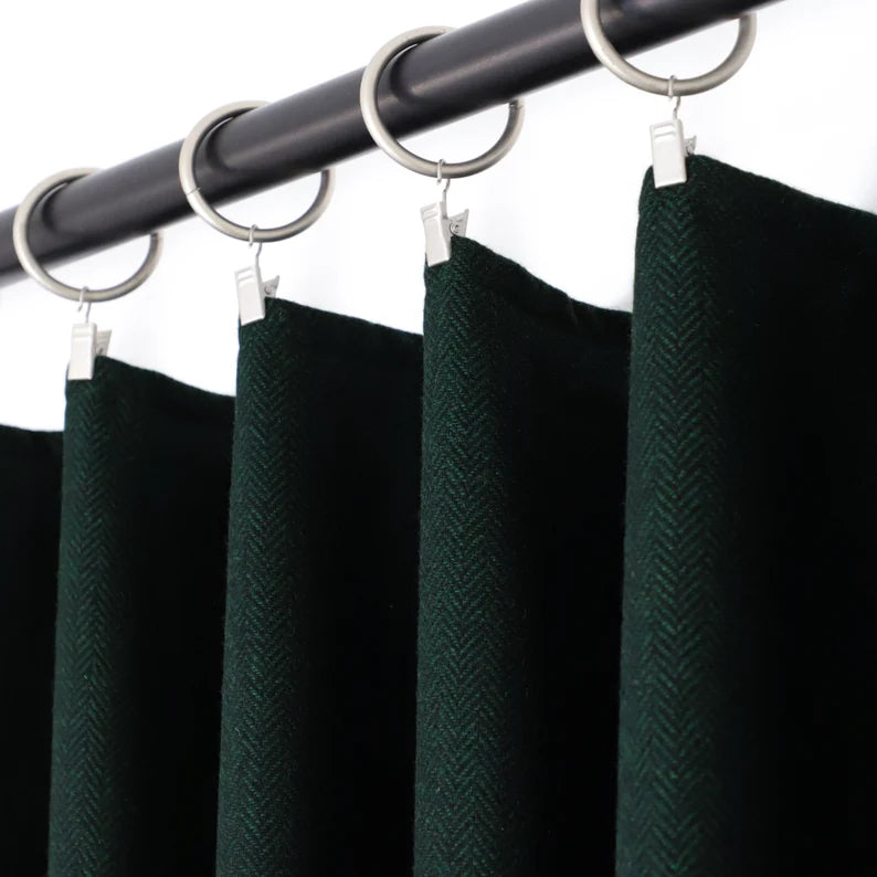 Thermal Insulated Wool Curtains - Dark Green Herringbone Custom Drapes