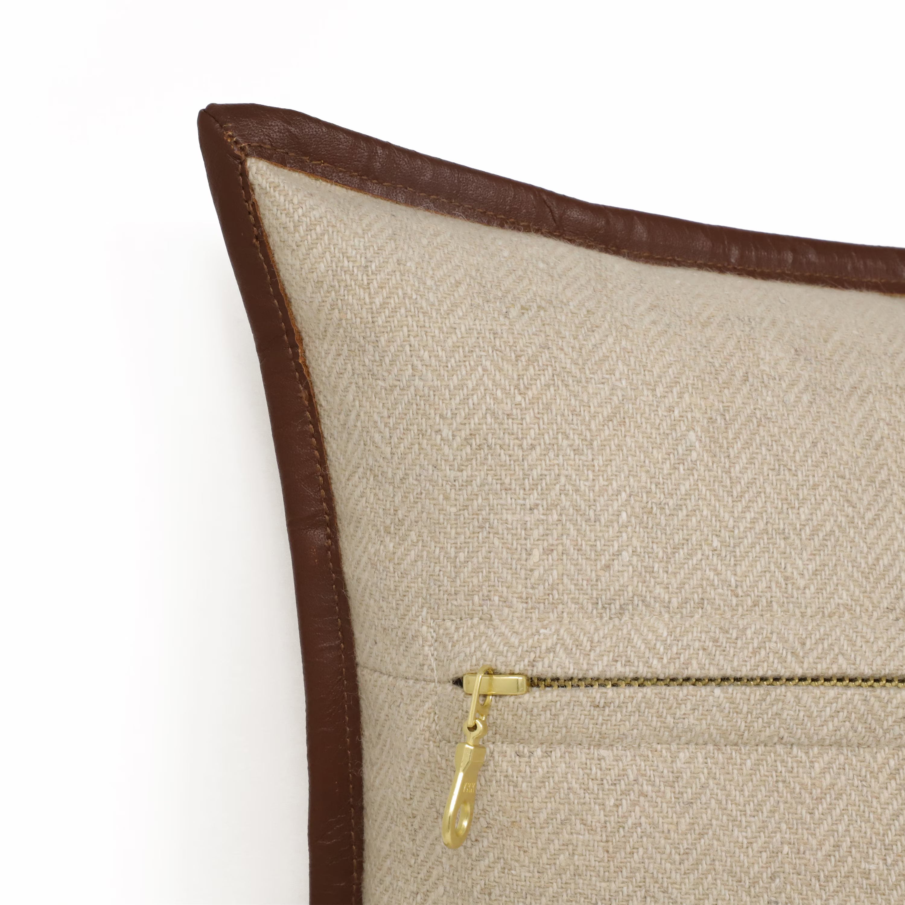 Beige Herringbone Wool Throw Pillow Cover with Brown Leather Trim