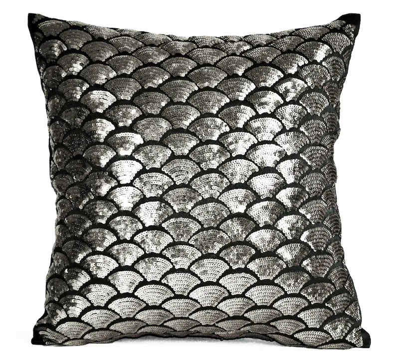 Gunmetal Sequin Sashiko Wave Pillow Cover