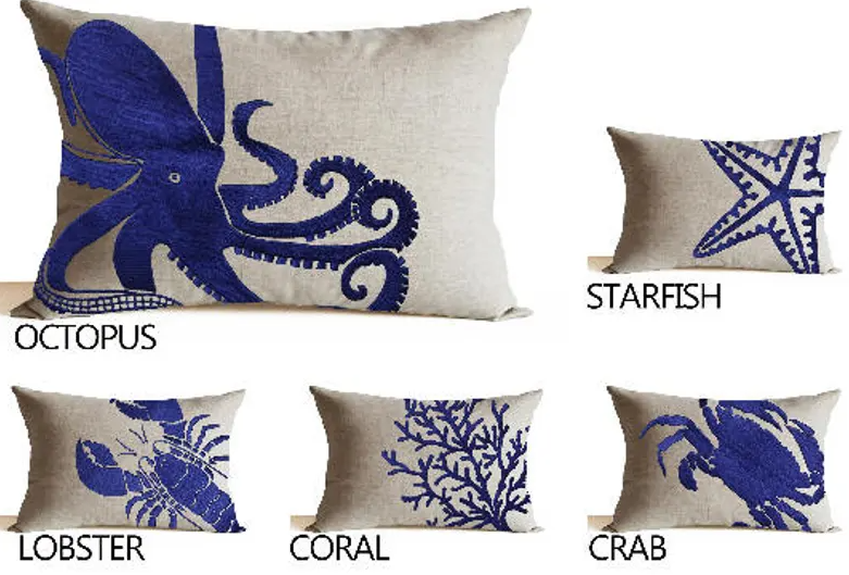 Decorative Linen Throw Pillow Cover With Coral Embroidered On It