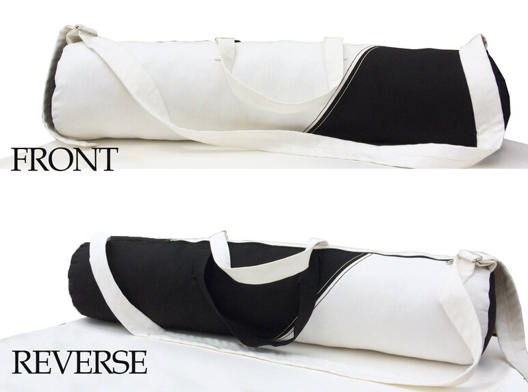 "Cotton yoga sling bag, handcrafted with durable stitching, wide opening, and personalized monogram detailing."