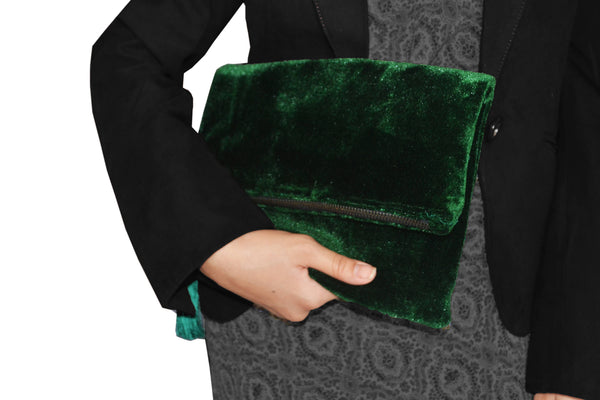 Velvet Emerald Green Clutch Purse Bag Embroidered With Faux 