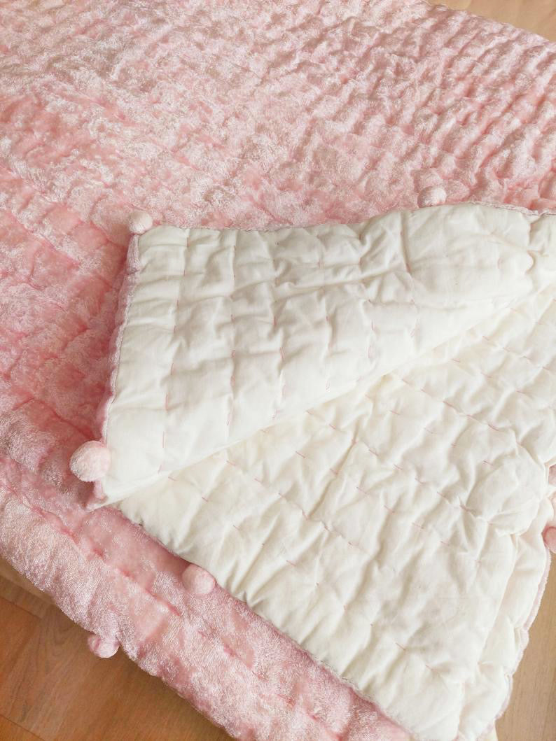 Amore Beaute soft plush icy blue velvet quilt for girls bed. Reverses to ivory cotton batting.