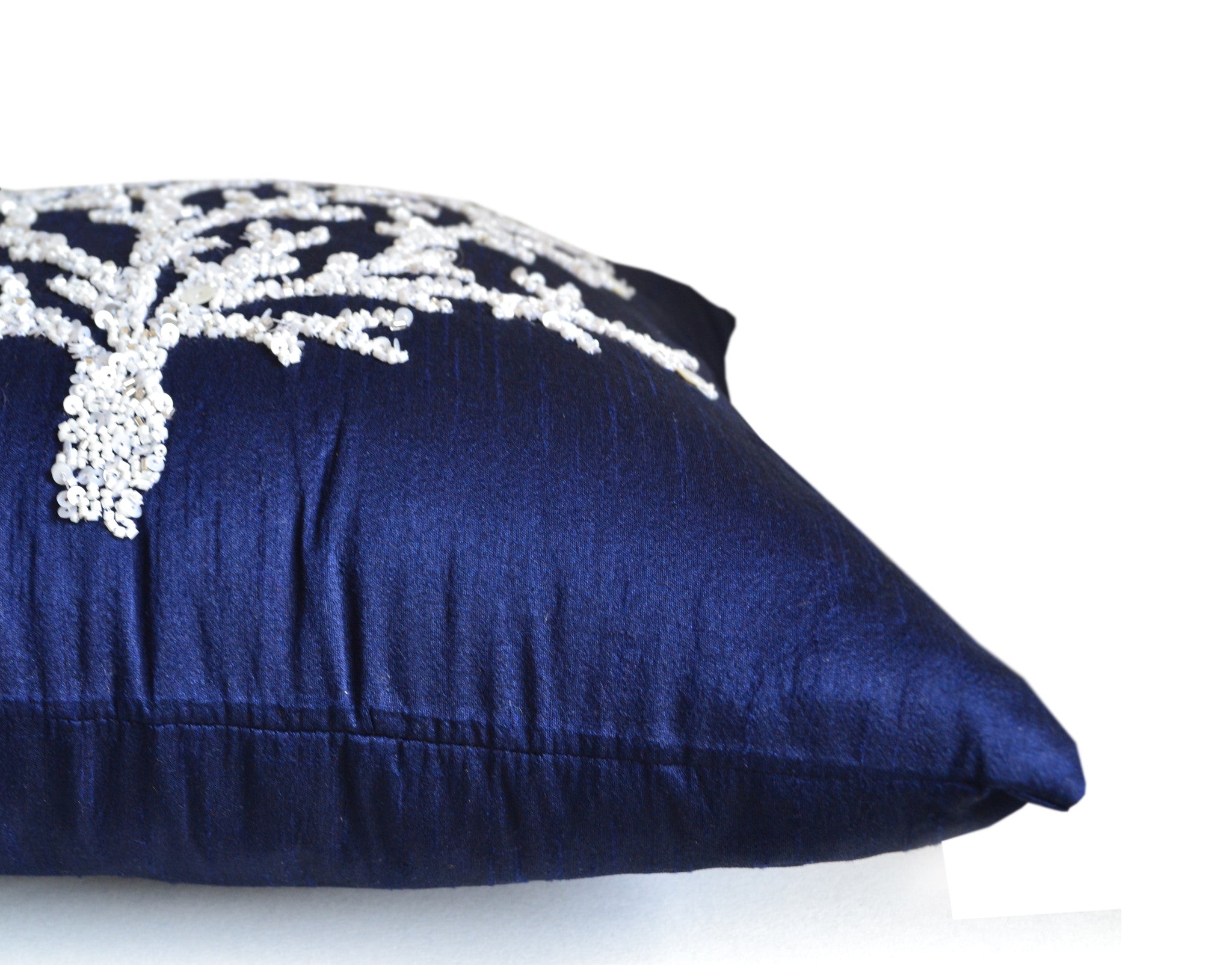 Handmade blue throw pillow cover with coral beads