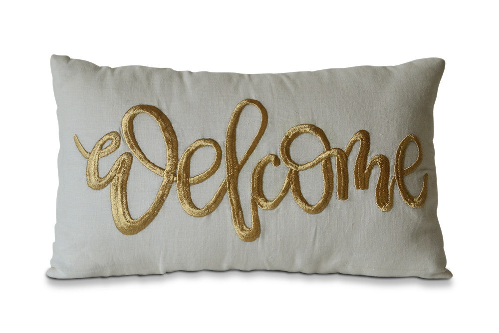 Linen Pillow Cover With Embroidered “Welcome”, dorm decor